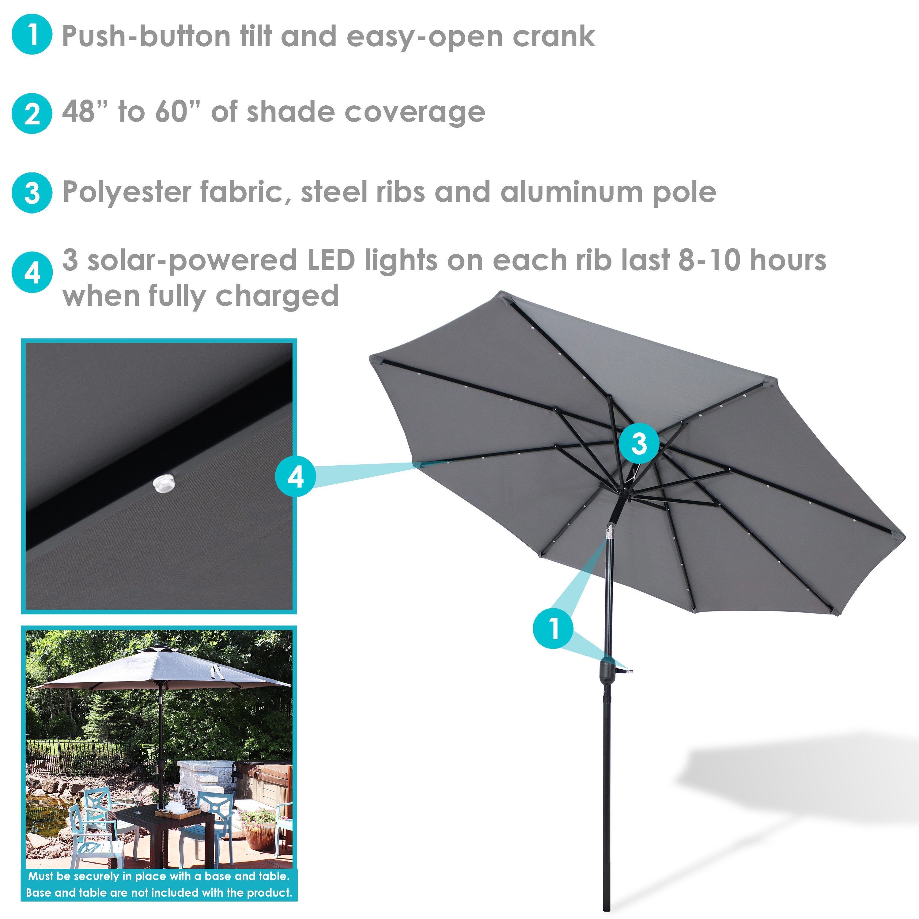 Gray 9-Foot Aluminum Market Patio Umbrella with Solar LED Lights