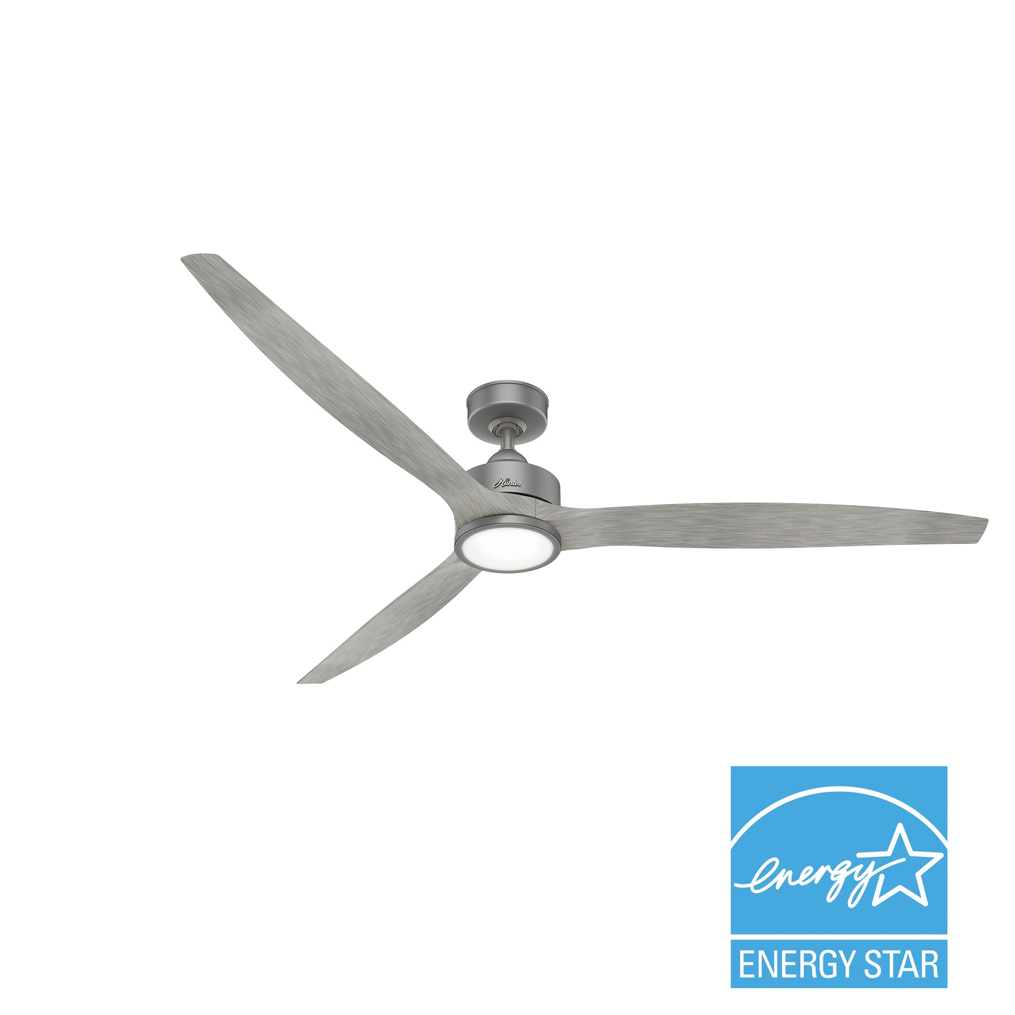 Hunter 50804 Park View 72-in Matte Silver with Light Gray Oak Blades Integrated LED Indoor/Outdoor Ceiling Fan with Light and Remote (3-Blade)