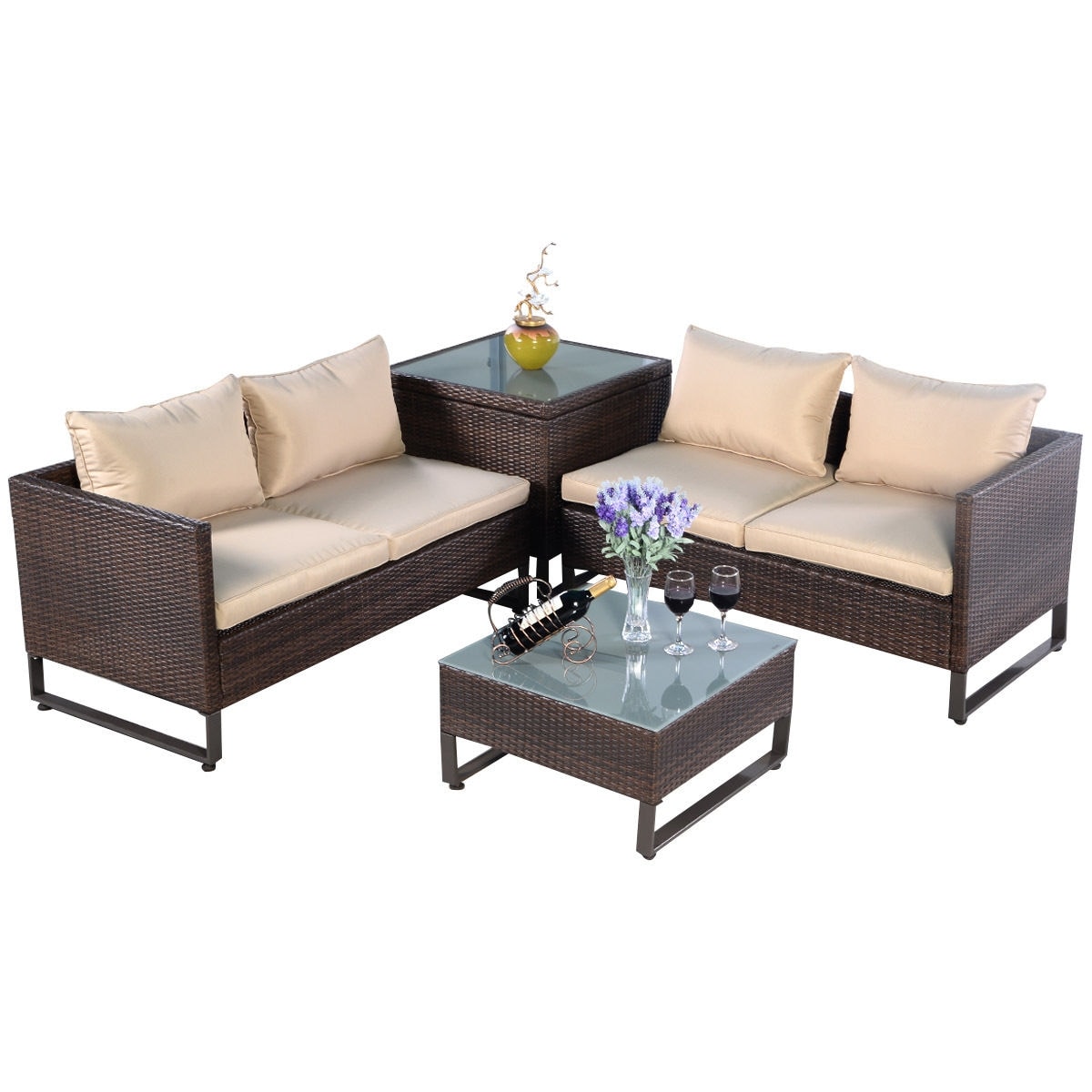 CASAINC WF-HW51601+ 4-Piece Rattan Patio Conversation Set with Brown Cushions