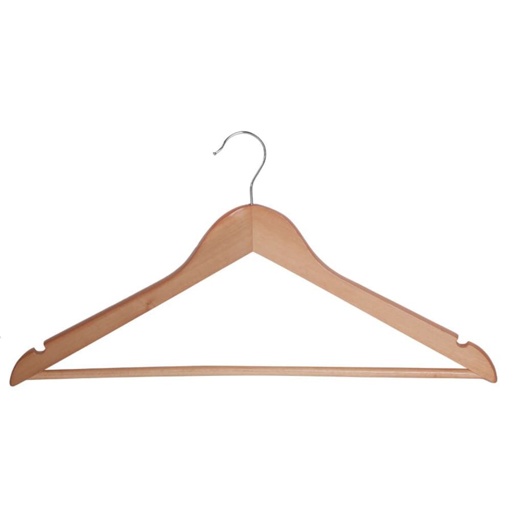 100 14" Flat Wood Retail Pant or Skirt Hangers Natural w chrome bar and clips 