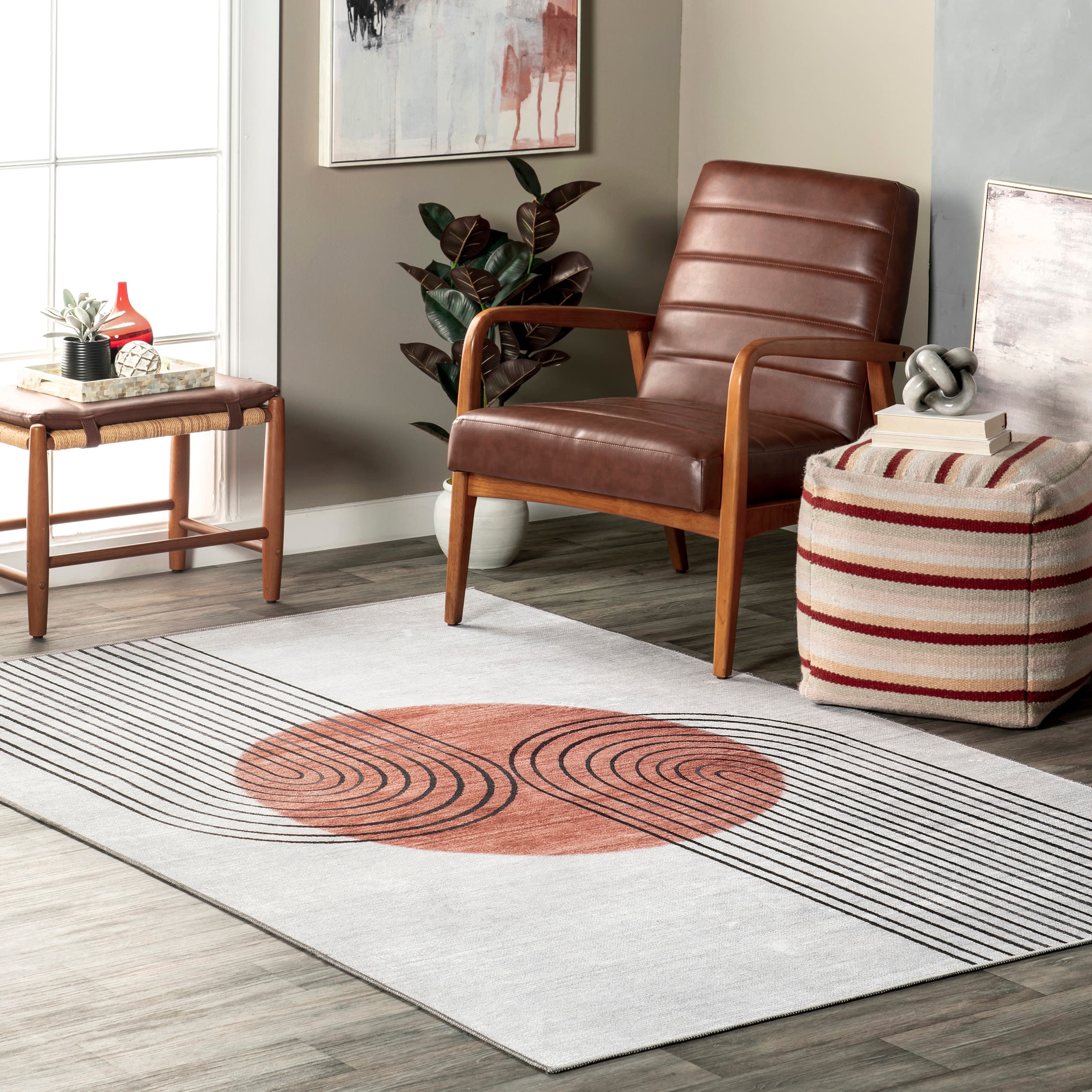 Burnt Orange and Dusty White Abstract 6' x 9' Synthetic Area Rug