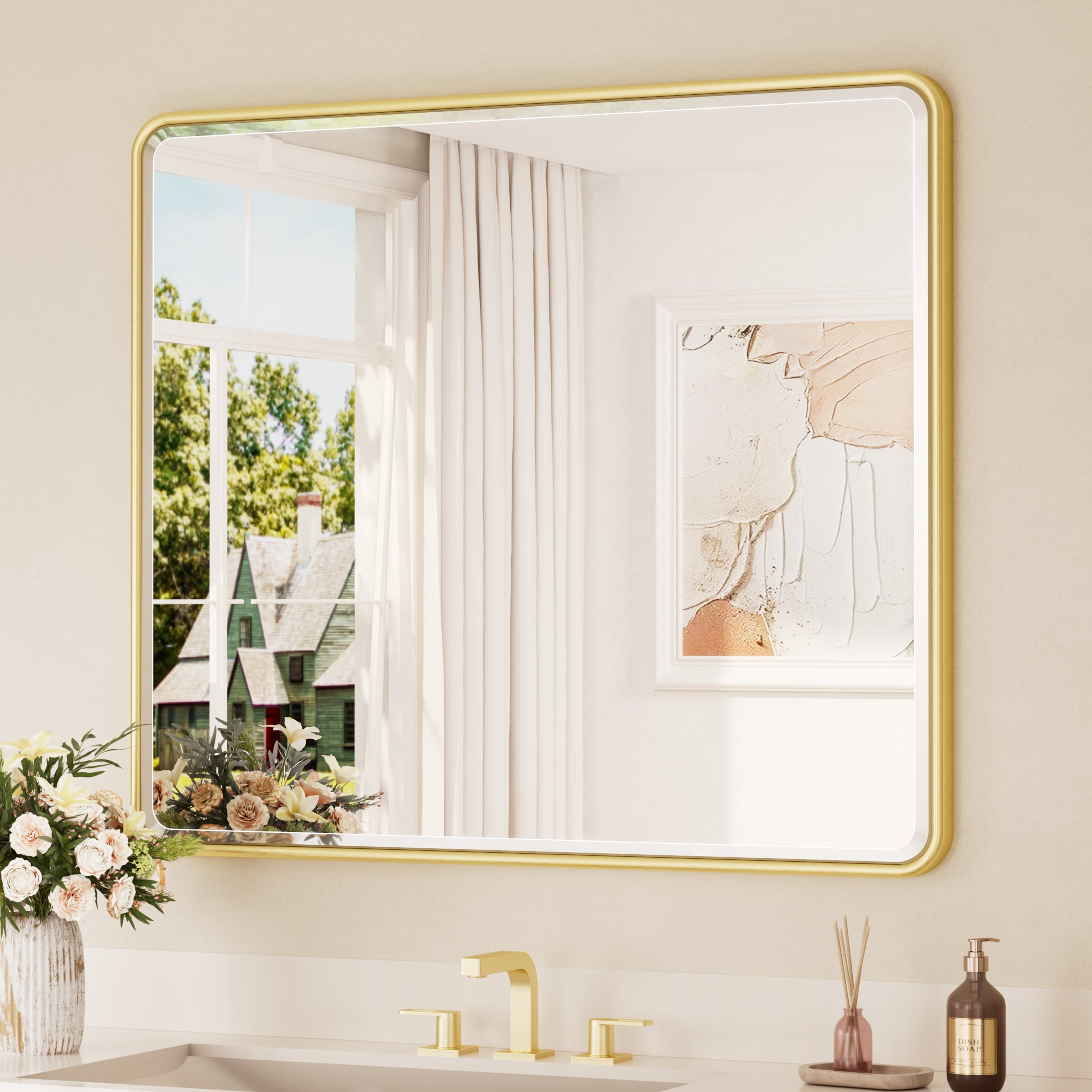 Keonjinn - 42-in W x 36-in H Rectangle Brushed Gold Beveled Wall Mirror