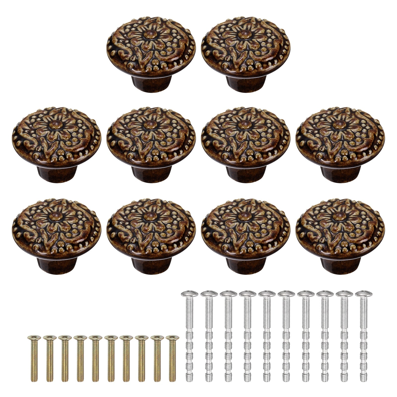 Unique Bargains 10pcs Ceramic Knobs 34mm/1.34 Inch  Flower Pattern Mushroom Knob Drawer Pull Handle Vintage Wardrobe Knobs with Screws for Vanity Bedroom Furniture Closet Brown