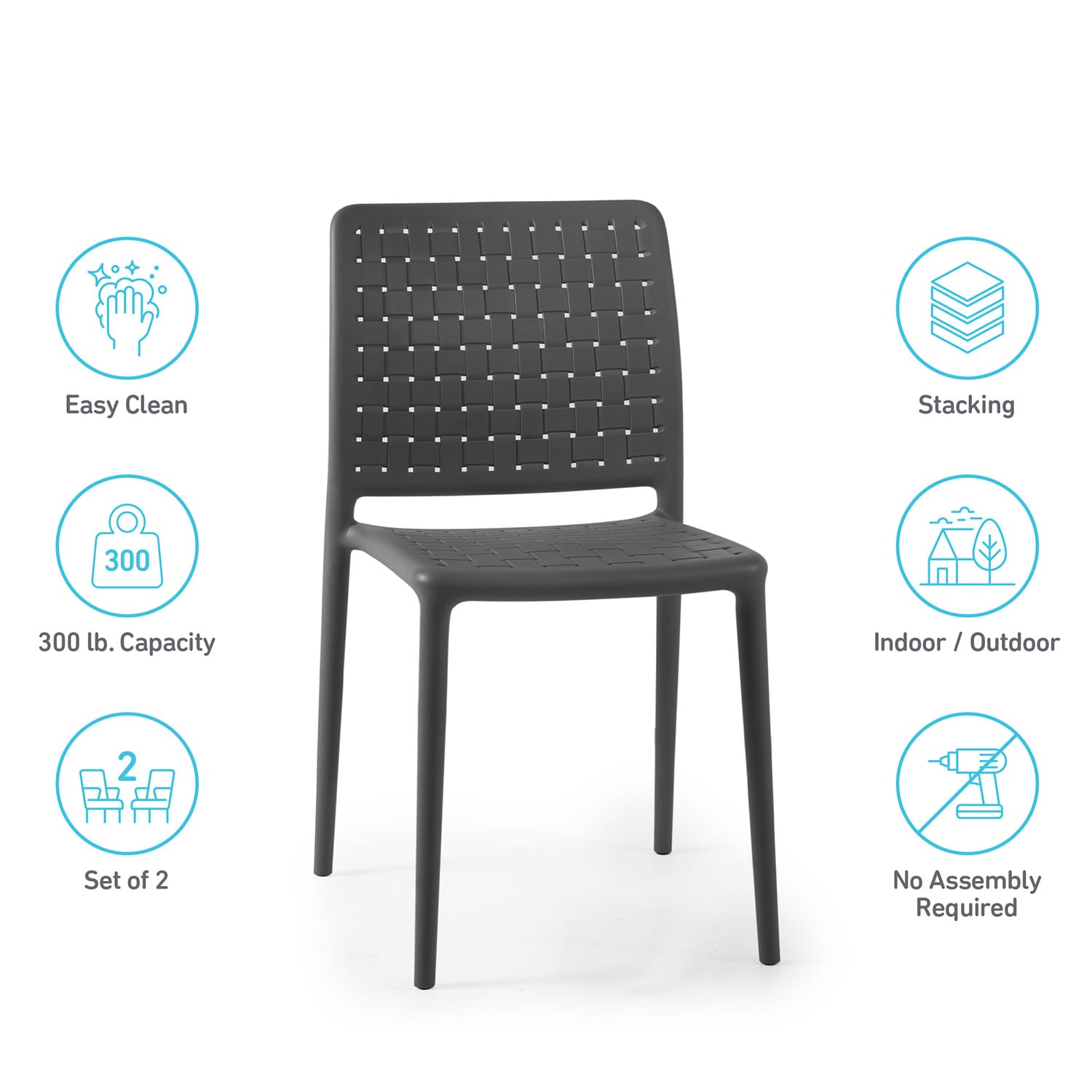 Anthracite Armless Plastic Resin Stacking Patio Dining Chairs, Set of 2