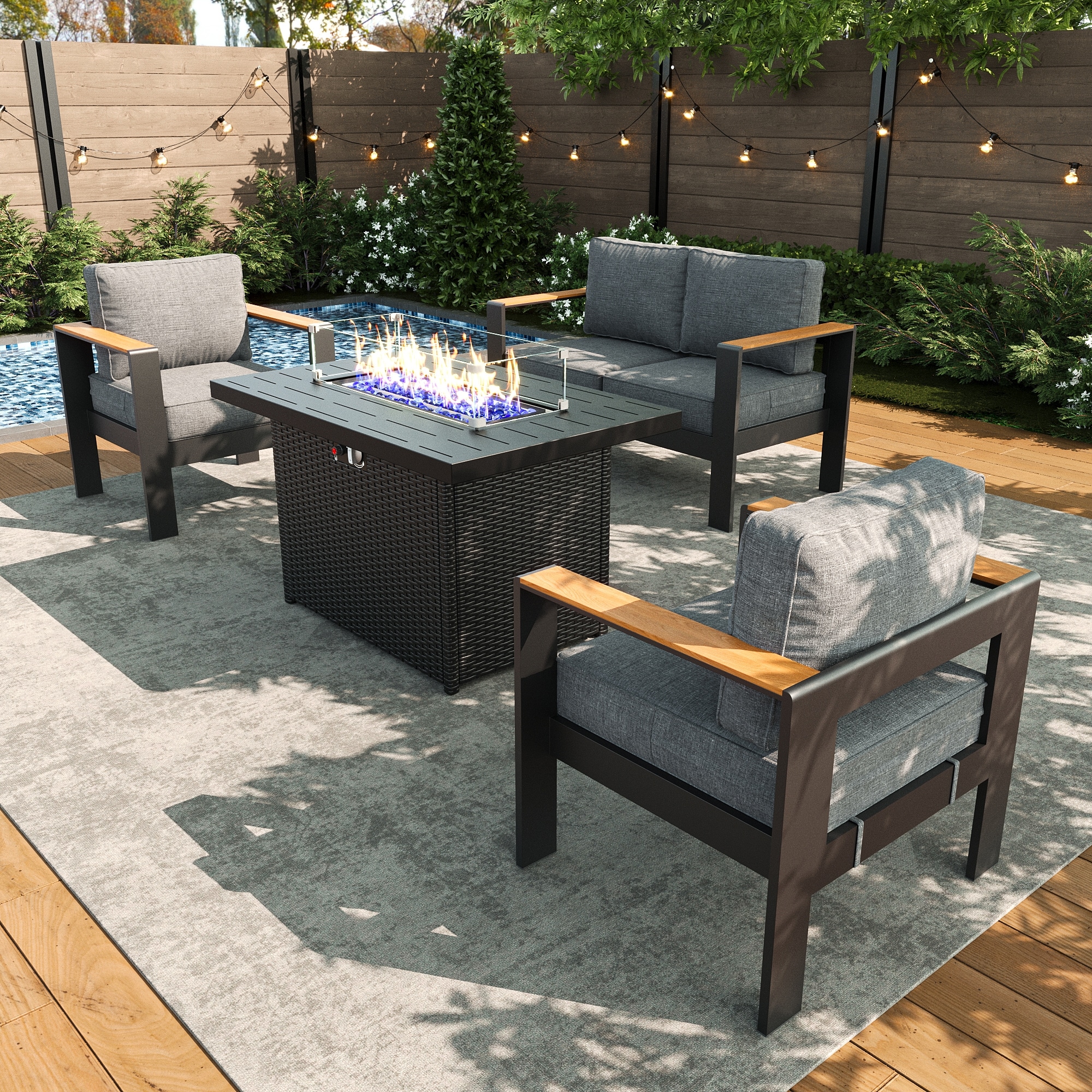 LayinSun AL5002-FP2-02 4 -Piece Outdoor Aluminum Patio Conversation Set with Fire Pit and Dark Gray Cushions