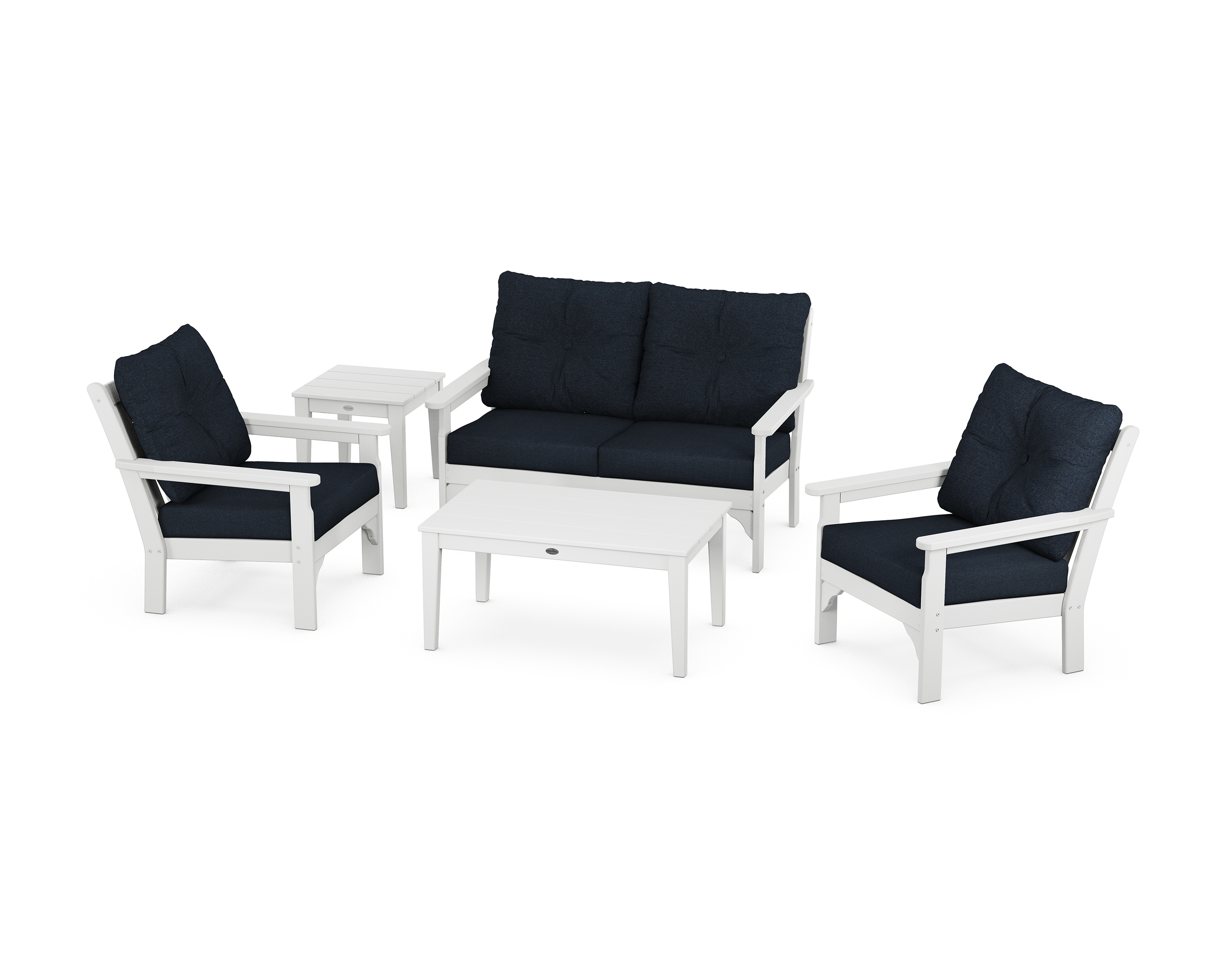 POLYWOOD PWS332-2-WH145991 Vineyard 5 -Piece Patio Conversation Set with Navy Revolution Cushions