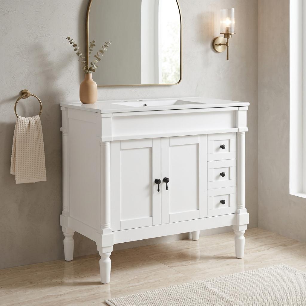 Homy Casa 36-in W White Bathroom Vanity Soft Close Doors Soft Close Drawers Adjustable Shelves Ceramic Sink Solid Wood and MDF