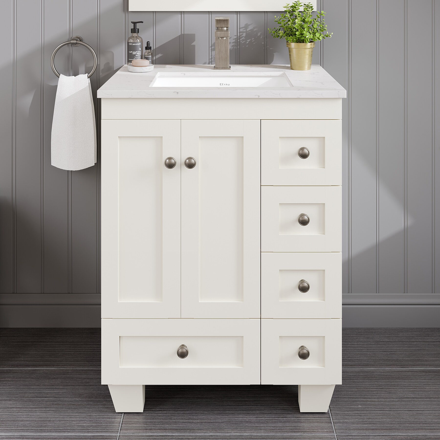White Carrara Quartz Top Freestanding Bathroom Vanity with Porcelain Sink