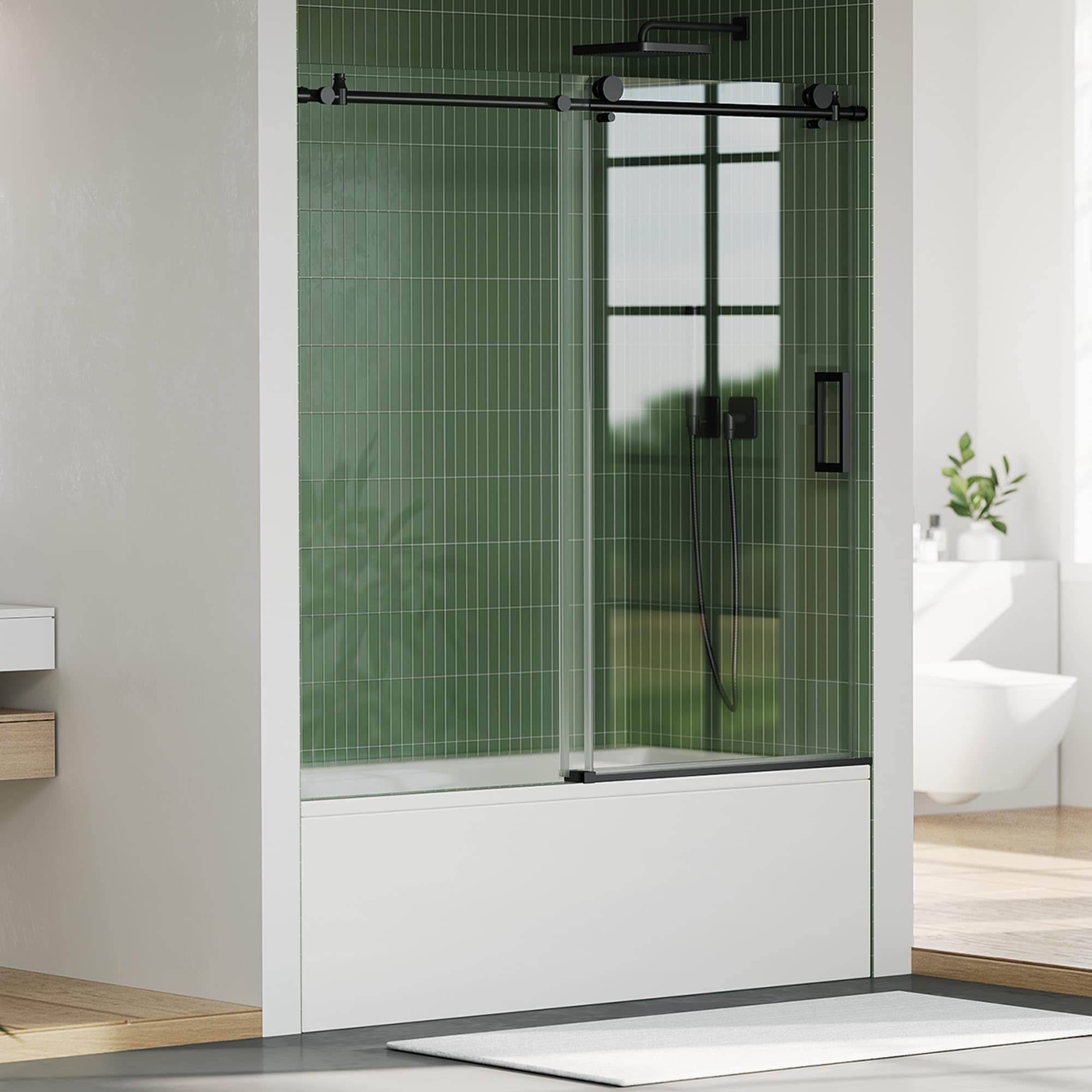 Garvee - Frameless Sliding Shower Door 44 To 60 W 76 H Inch 8mm Clear Tempered Glass Matte Black ...