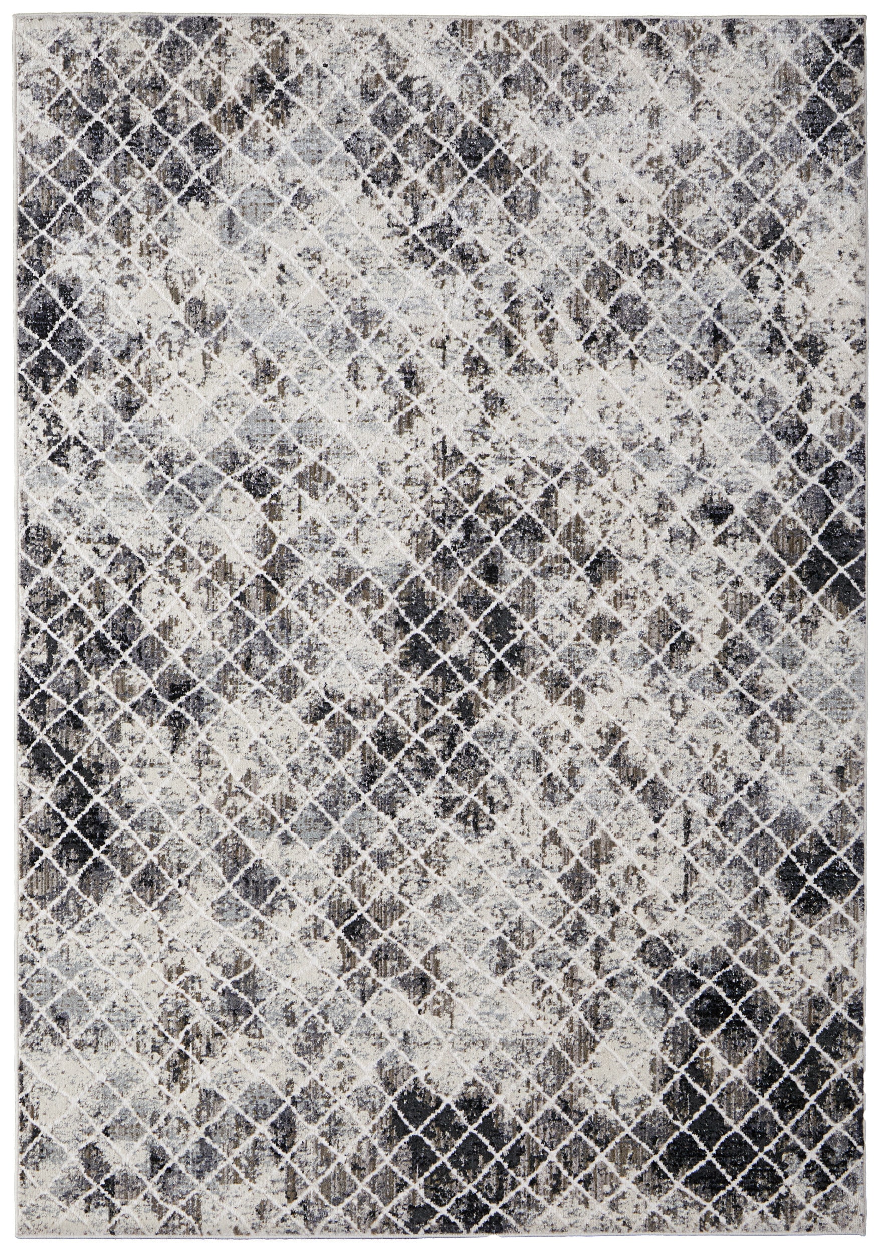 Ivory and Gray Distressed Diamond Pattern Rectangular Rug