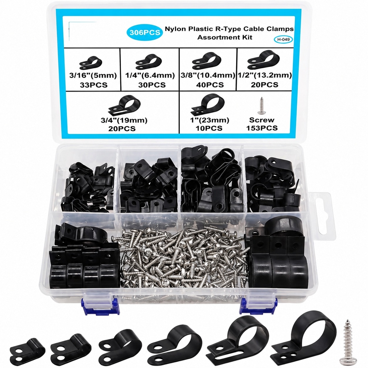 Aoibox  306 Piece Nylon R Type Cable Clamps Assortment with Stainless Screws 6 Sizes 3 16 to 1 in for Wire Management
