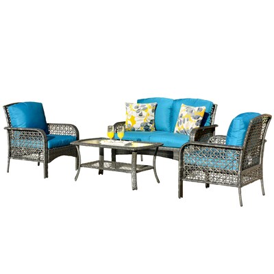 Ovios Augtus 4 Piece Metal Frame Patio, Outdoor Furniture With Navy Blue Cushions