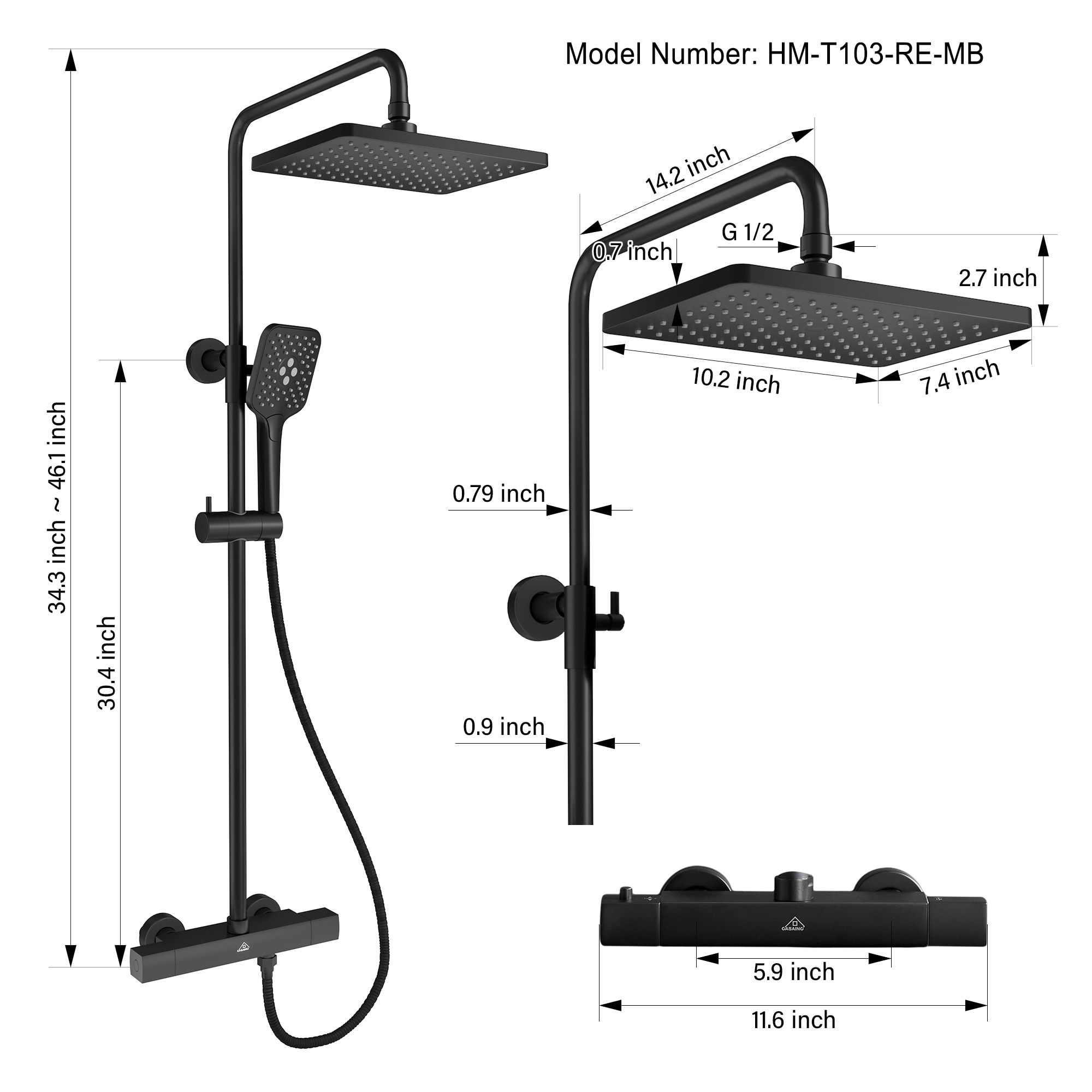 CASAINC HM-T103-RE-MB Showerhead-Bar-Panels - View #5
