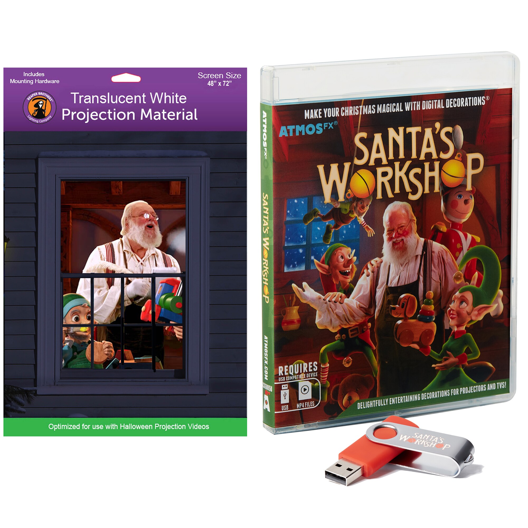 HoliScapes Santa in The Window Movie on USB with 48" x 72" Projection Screen