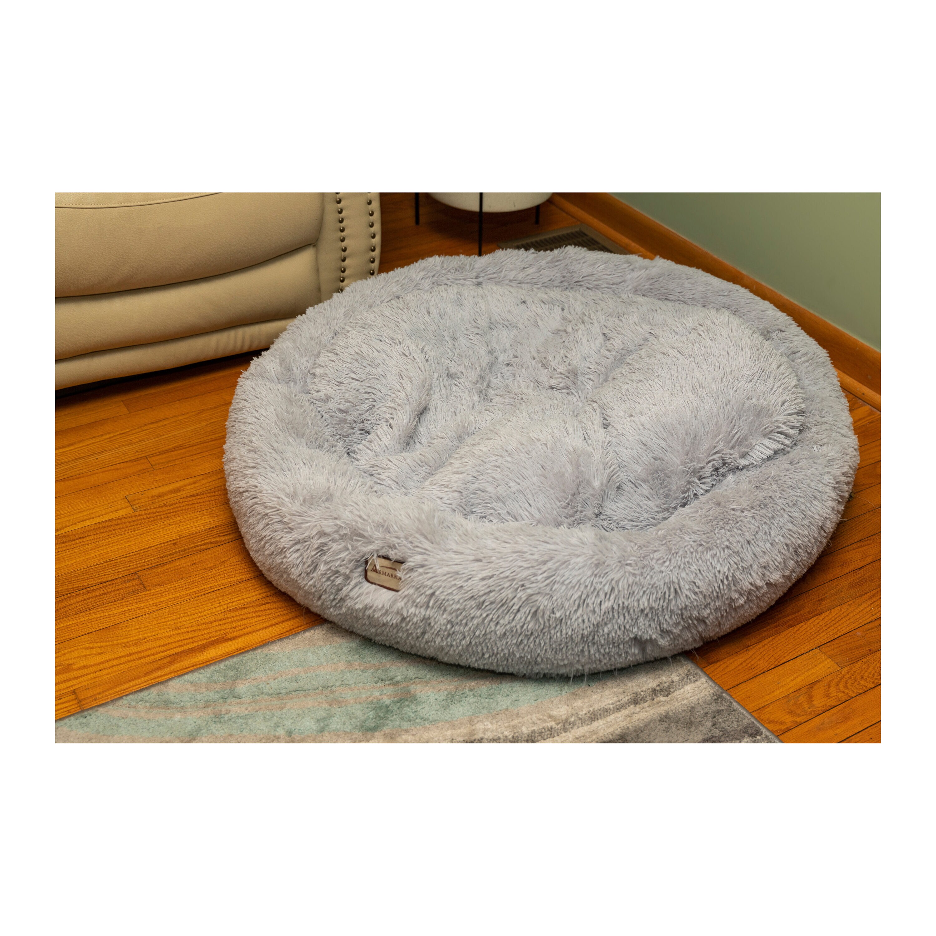 Large Gray Plush Round Faux Fur Pet Bed