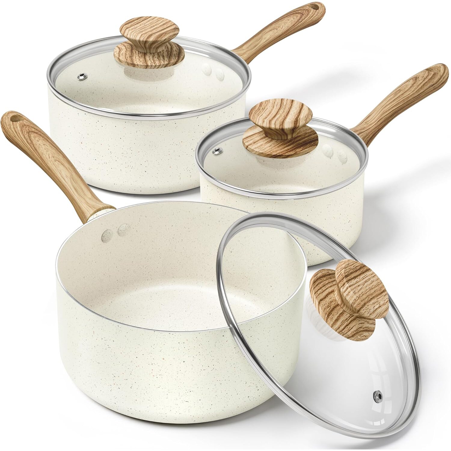 Etokfoks Nonstick Saucepan Set 1qt 2qt 3qt White Granite Coating Aluminum Alloy With Lids Flat Bottom For Induction And Other Stovetops #LETBNTKM8