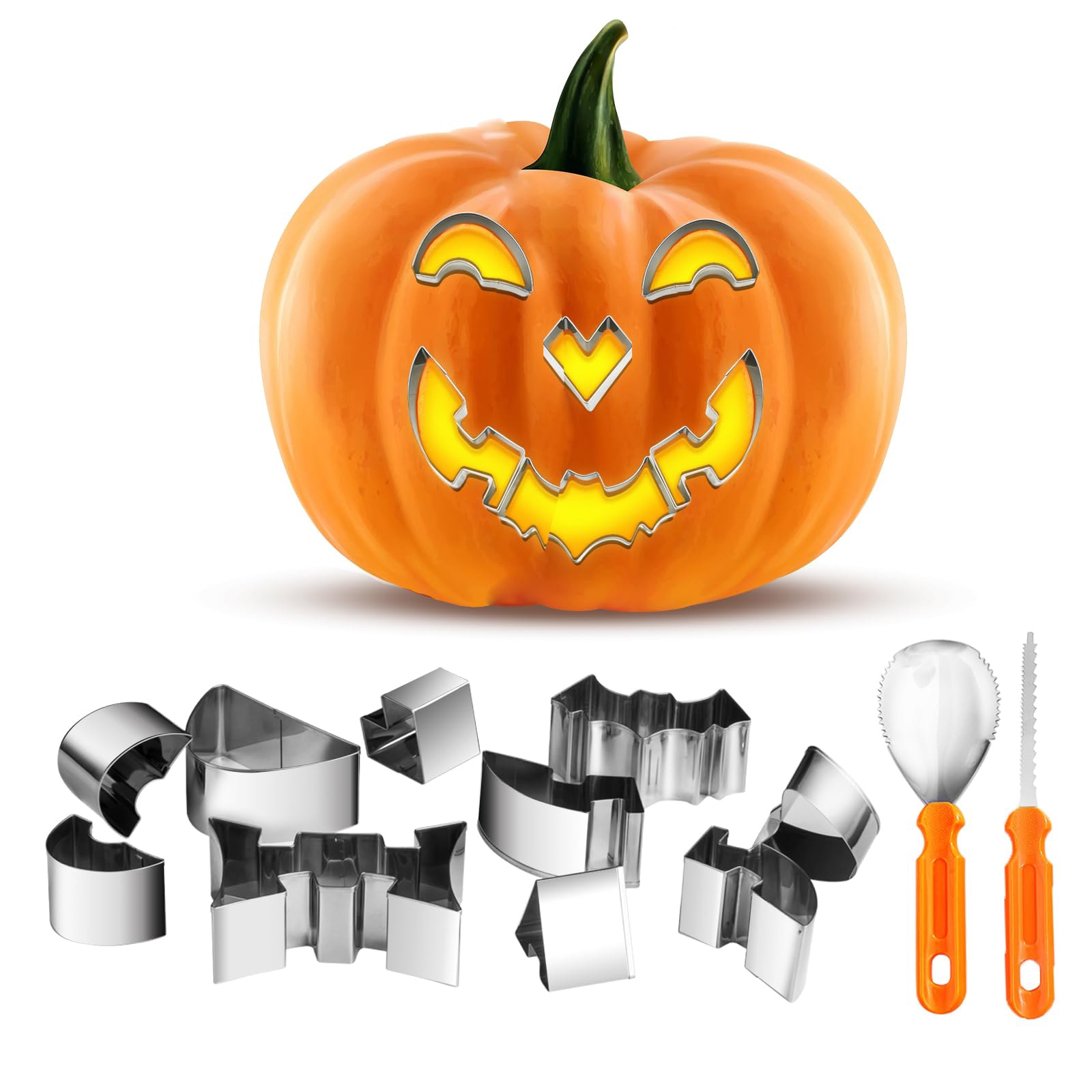 Etokfoks  13 piece stainless steel pumpkin carving kit with 10 hole punch stencils hammer saw and spade for Halloween decor