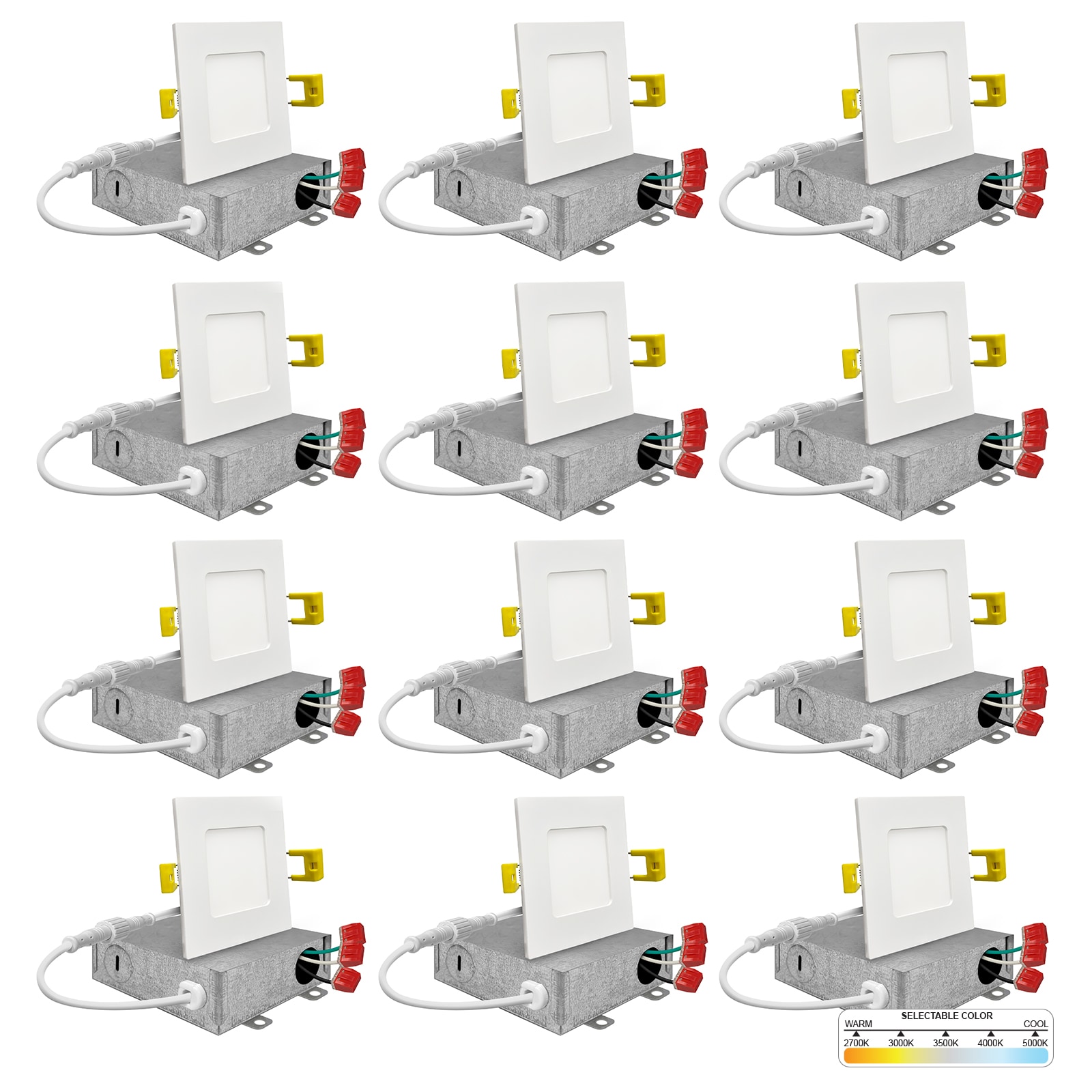 NUWATT NW-P-SQDL36W5CTWH12P Square Trim Ultra Slim Airtight IC Wafer Light White 3-in 420 -Lumens Switchable Square Dimmable LED Canless Wet rated Recessed Downlight 12 -Pack