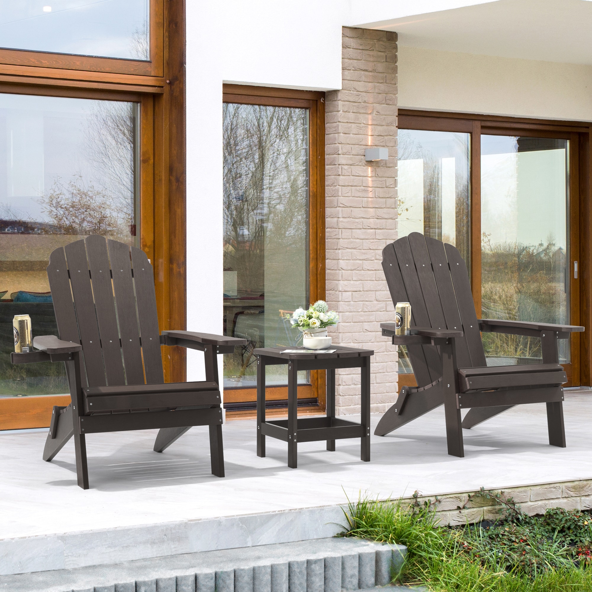 Sonkuki SD-AD502-BN-2 Folding Adirondack Chair Set of 2 Coffee Plastic Frame Stationary Adirondack Chair with Brown Slat Seat
