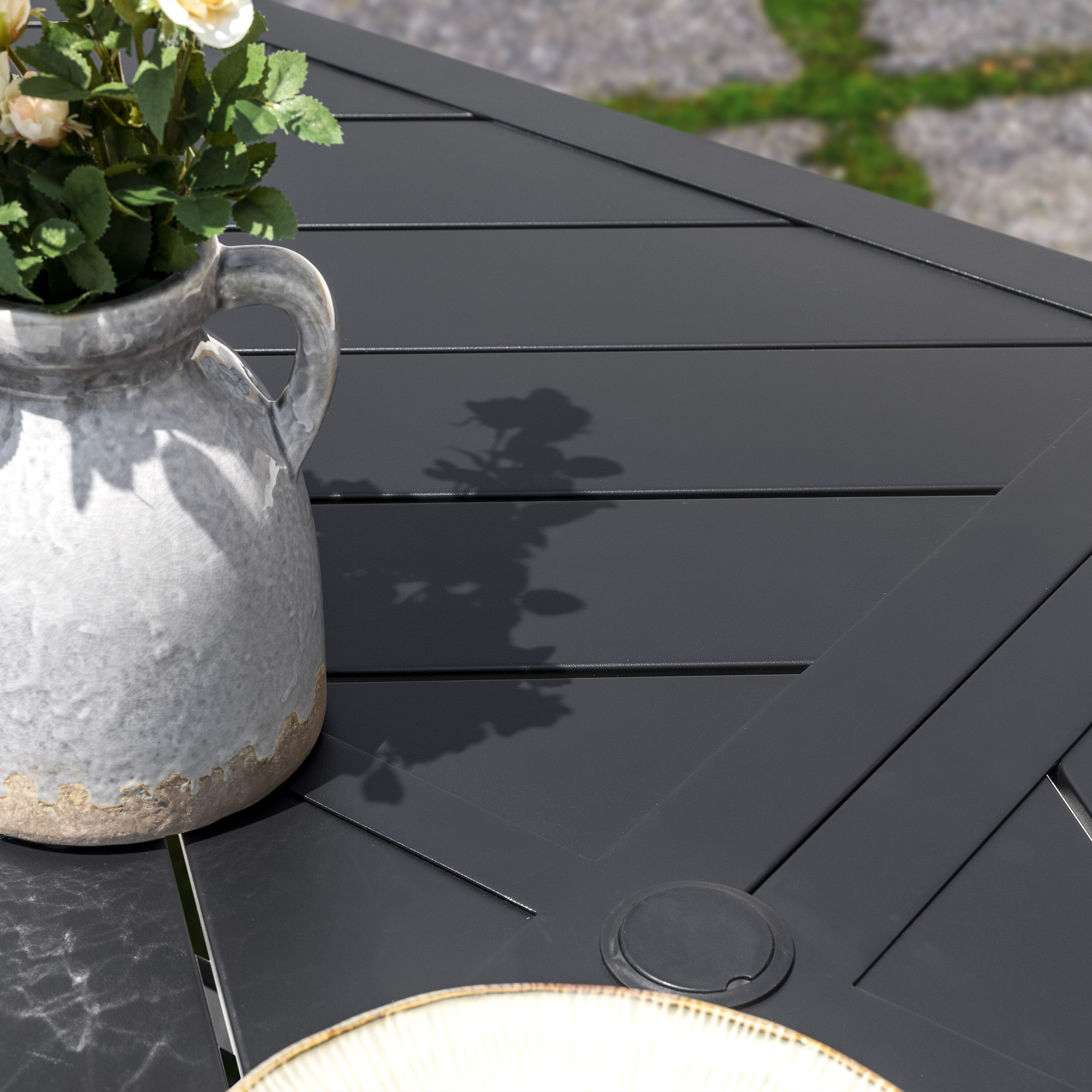 Black Powder-Coated Iron Outdoor Dining Table with Umbrella Hole