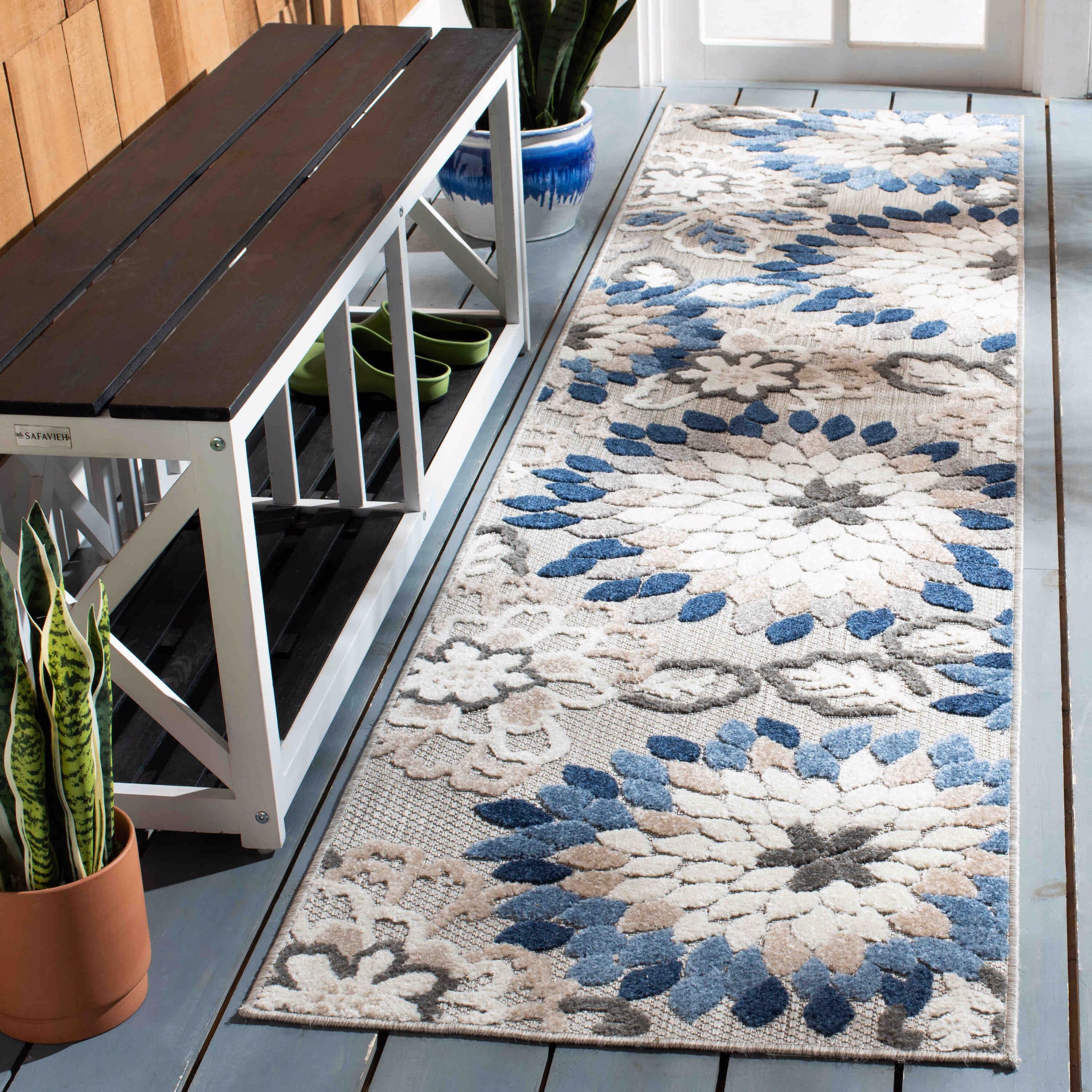 Safavieh CBN391F-29 Cabana 2 x 9 (ft) Loomed Synthetic Gray/Blue Rectangular Indoor/Outdoor Floral Tropical Runner rug