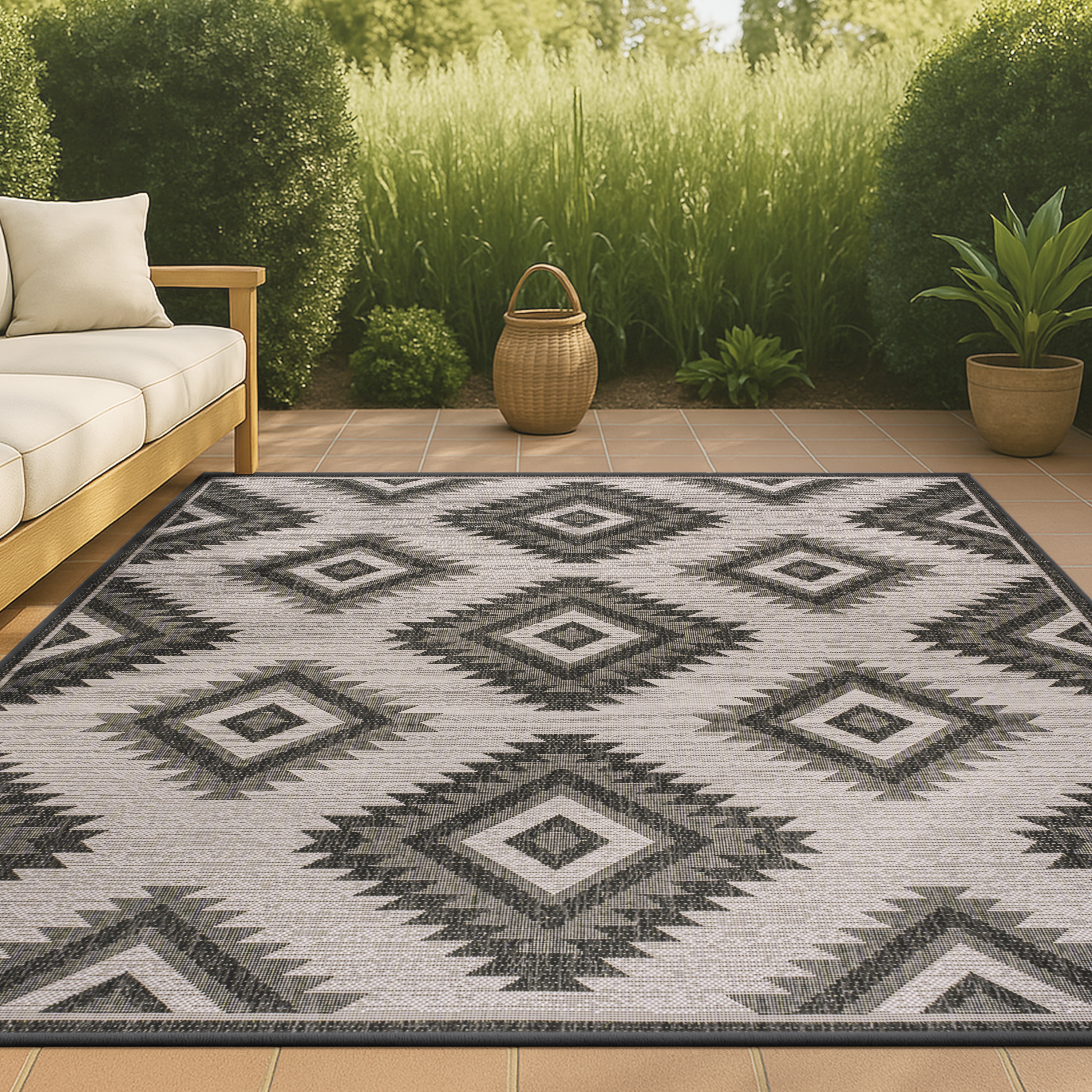JONATHAN  Y TSN202A-4 TUSCAN SUN Lior Moroccan Diamond 4 x 6 (ft) Loomed Polypropylene Black/Cream Rectangular Indoor/Outdoor Ikat Moroccan Area rug