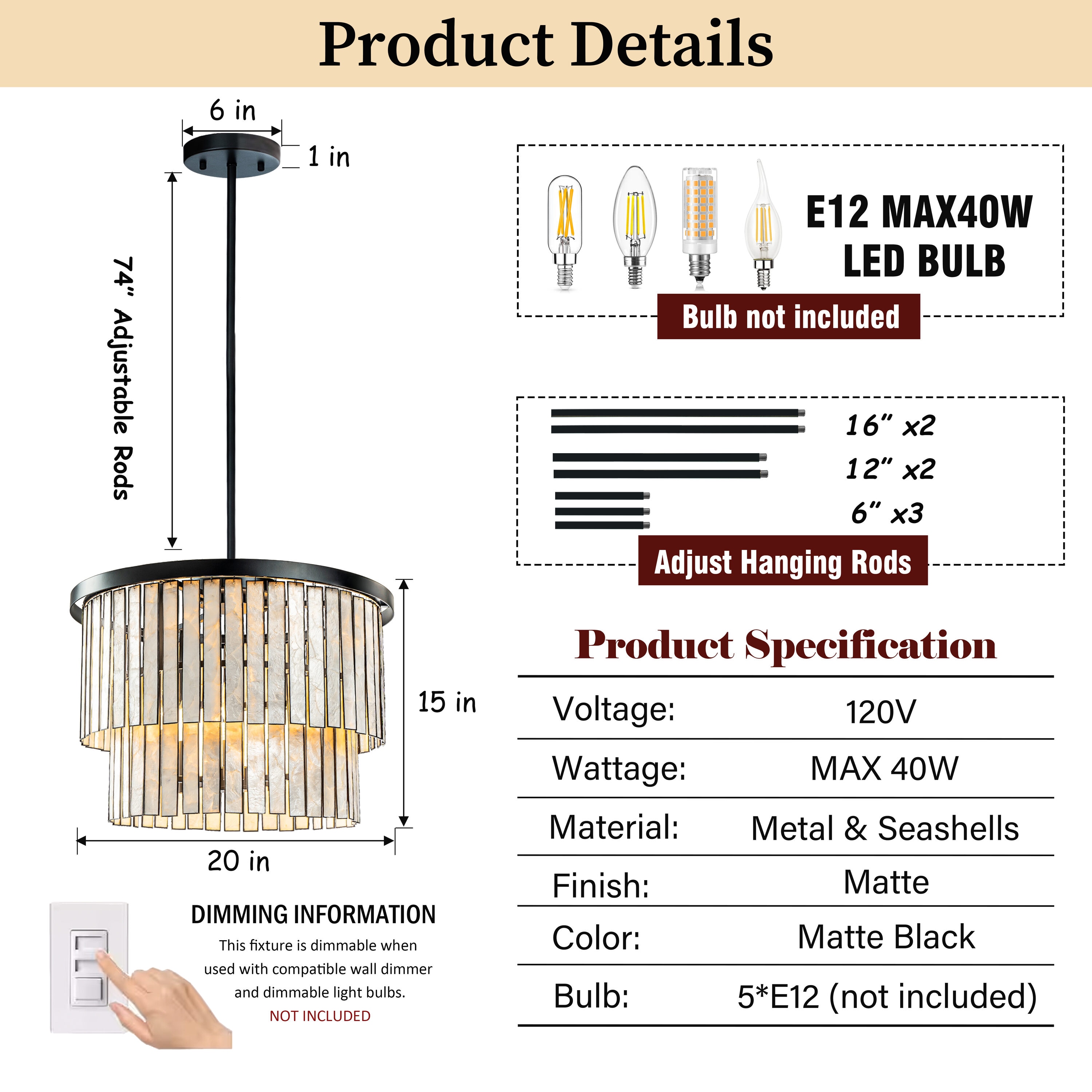 88'' Matte Black Capiz Shell 5-Light Coastal Chandelier