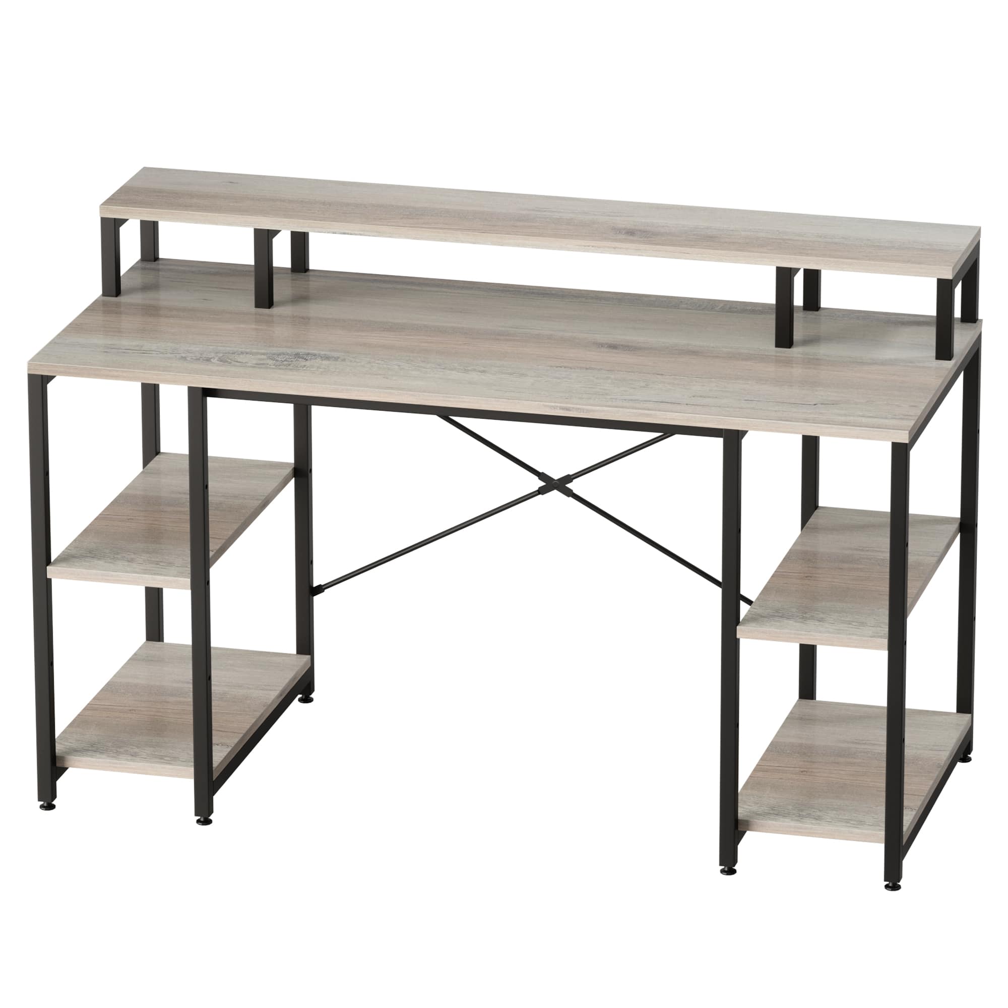 Bestier LOW-D074G-GRYW 55.12-in W 4-Shelf Gray Computer Desk with Monitor Shelf