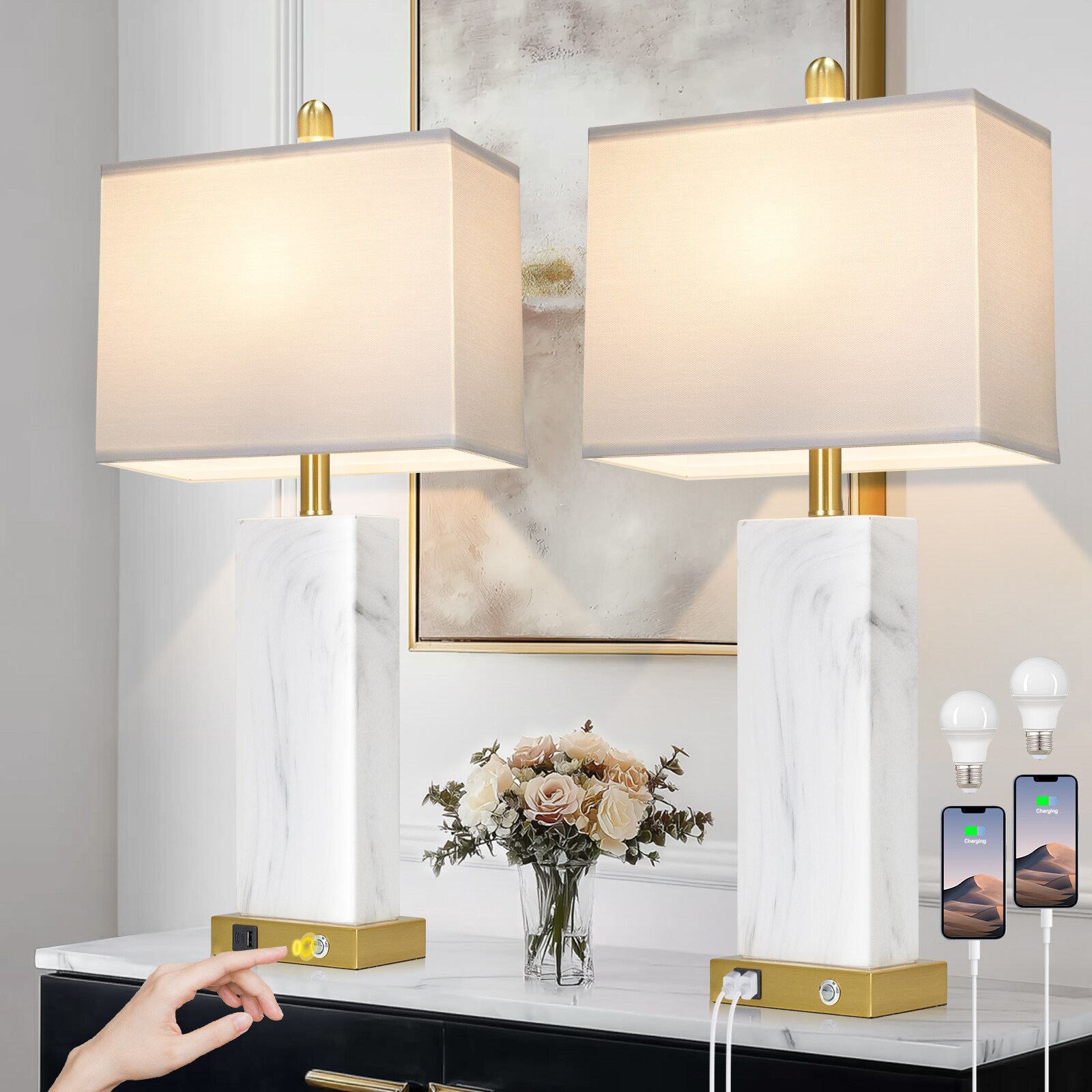 UrFurnishings Modern 28-in Gold LED Touch Table Lamp with Linen Shade