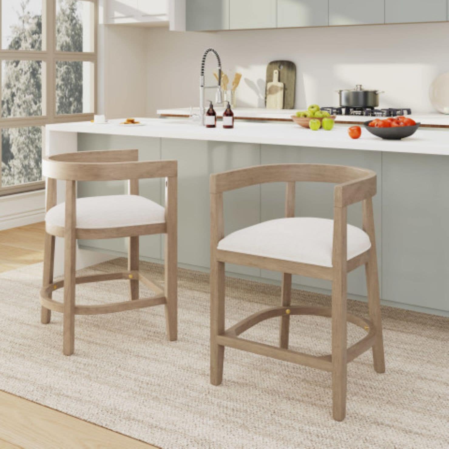 Riviera Farmhouse 25.25-inch Rubberwood Counter Stools with Cutout Barrel Back for Kitchen Dining Island Table (Set of 2) - Beige and Light Ash