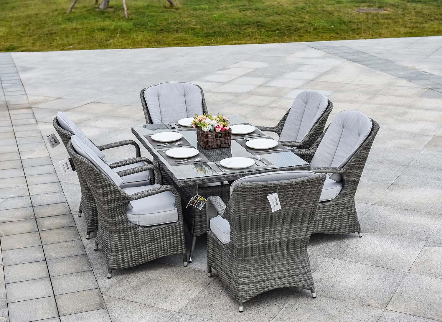 Direct Wicker Cordella 7 Piece Gray Wicker Patio Dining Set Wicker Rectangle Table With 6 Gray