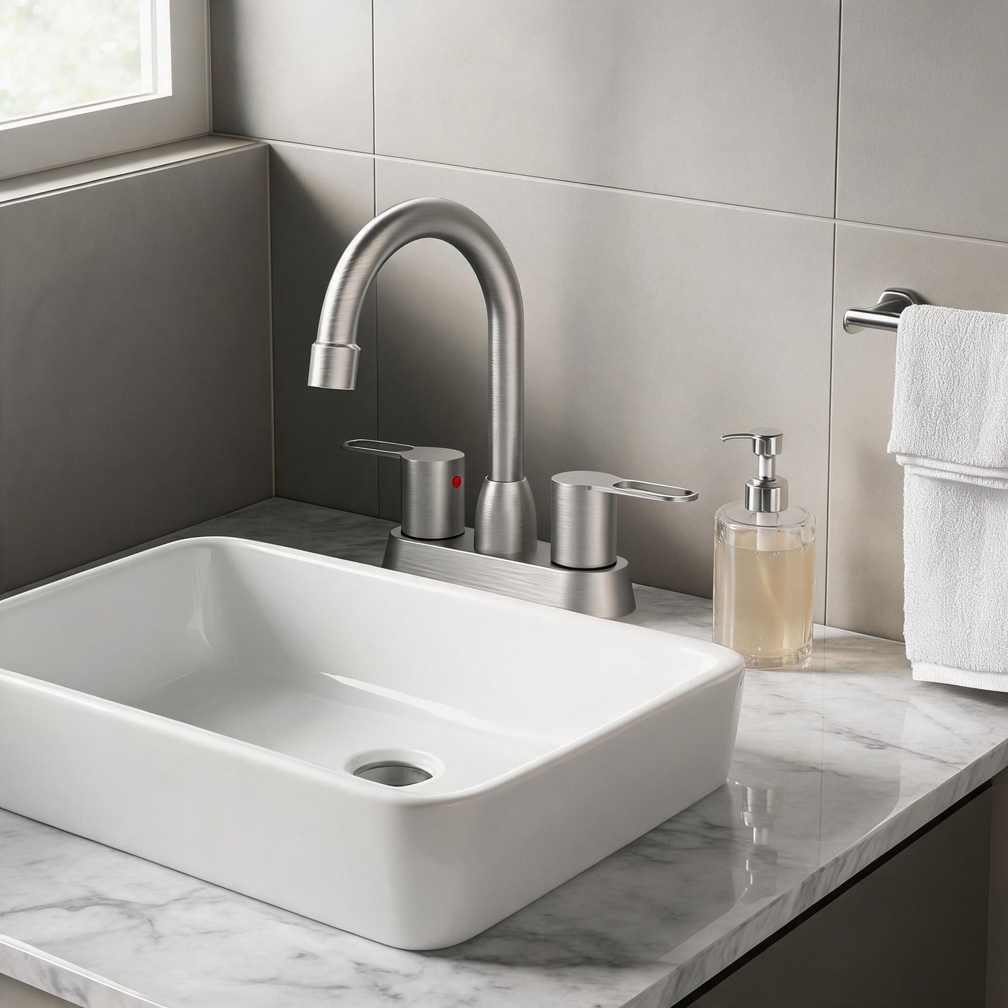 IAK - Brushed Nickel Stainless Steel 2 Handles Centerset Bathroom Sink Faucet with Easy Flow and ...