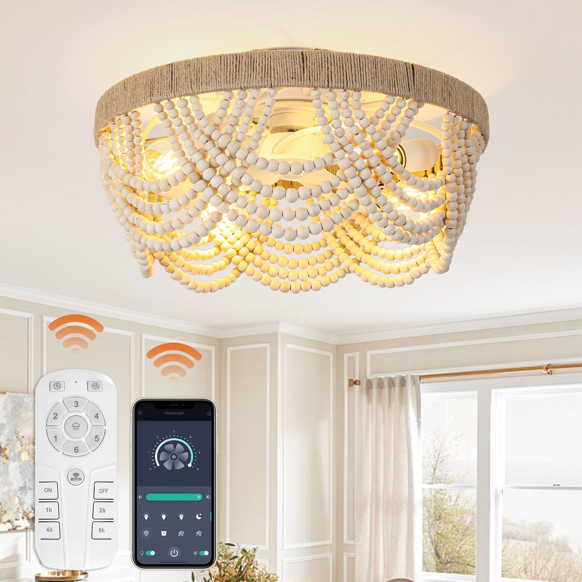 Matrix Decor MDBBF3006 19.7-in Flush Mount Smart White with White Blades Fandelier Ceiling Fan With Light - Remote Included ( 5 -Blade )
