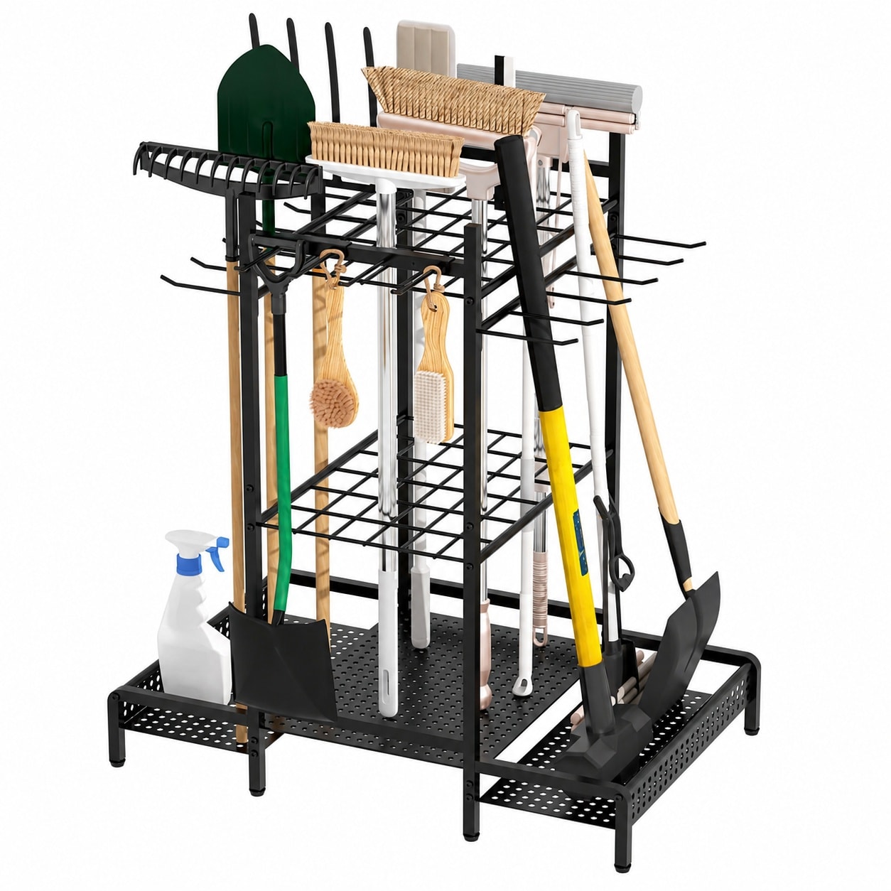 KHKFY  Steel Yard Tool Storage Rack Organizer for Garage Shed and Garden Holds Long Handled Tools with Multiple Hooks Easy Assembly Large Capacity