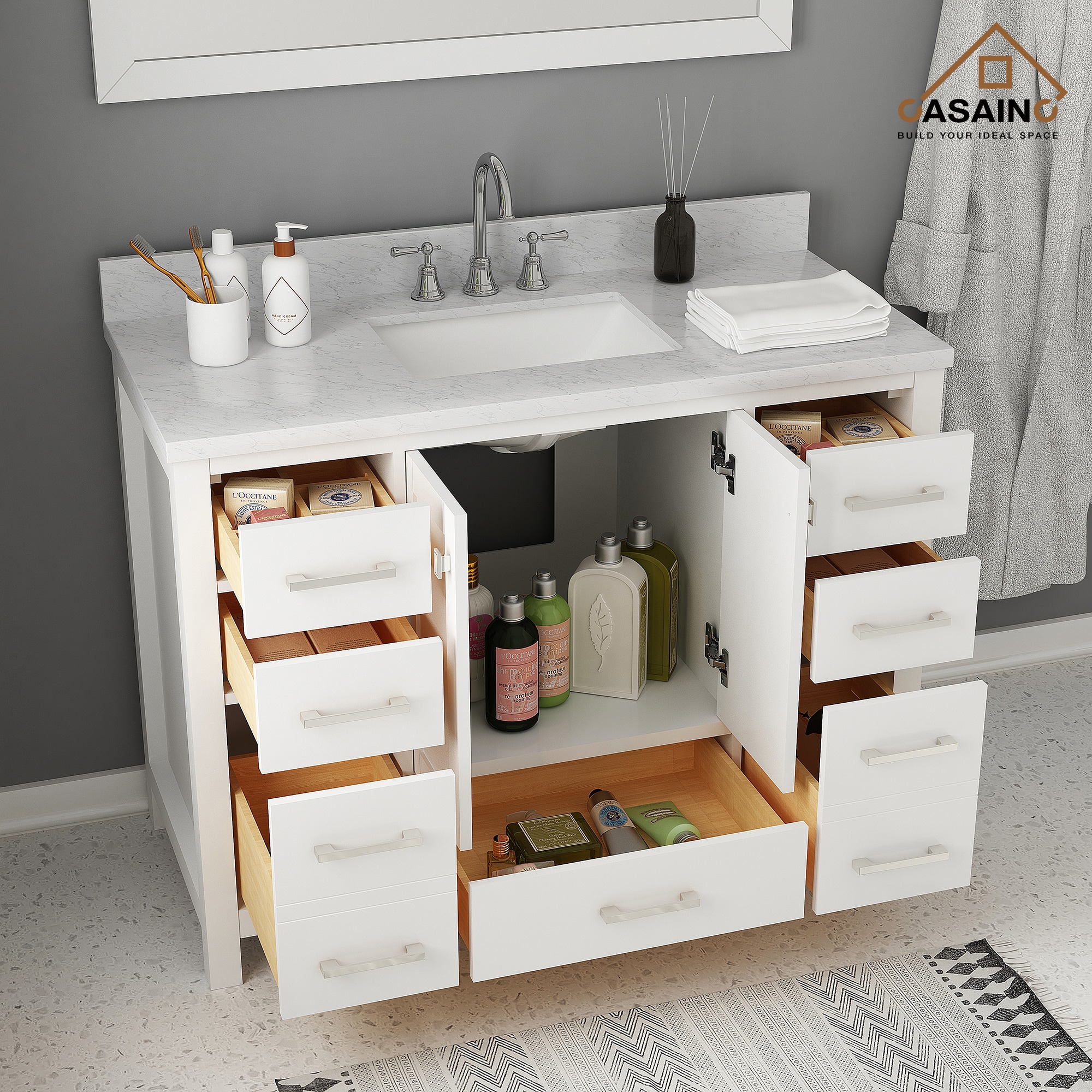 Casainc 48 In White Undermount Single Sink Bathroom Vanity With White Marble Top In The Bathroom 5596