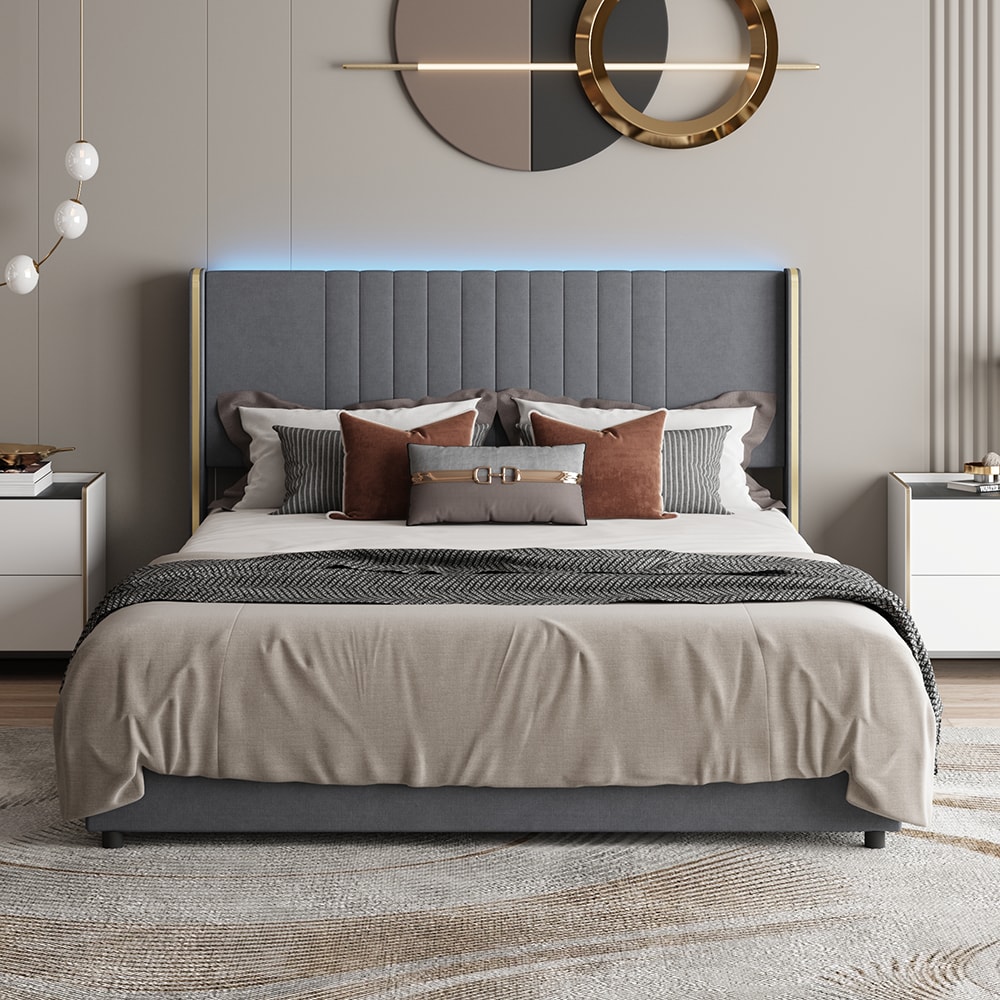 Homsee V-KF330103-01 Gray Wood Frame Queen Size Bed Platform Bed with 4 Drawers Color-Changing LED Lights Bluetooth