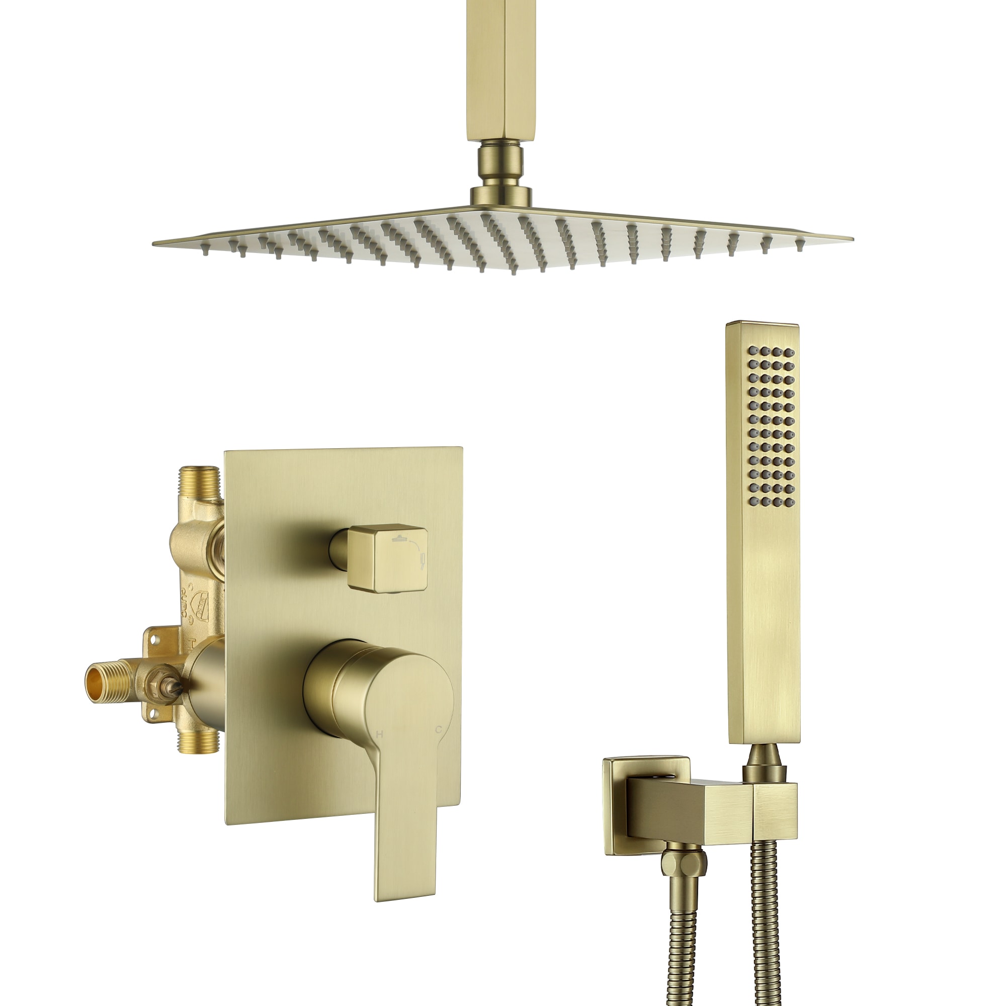 Mondawe MD-SMD09BG Brushed Gold 10-Inches Waterfall Dual Head Built-In Shower Faucet System with 2-way Diverter ( Pressure-balanced Valve Included )