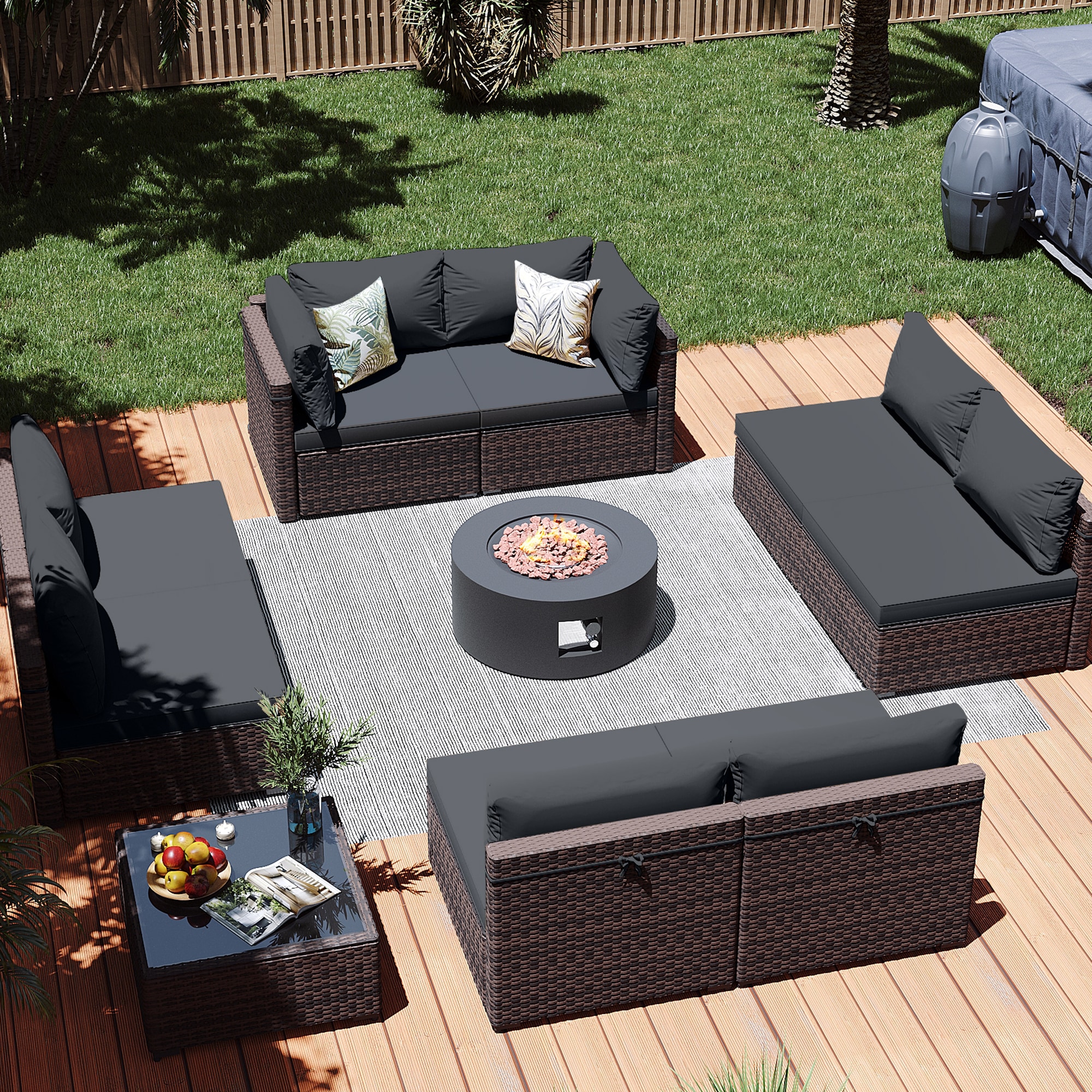 Patio Watcher LS-RT9-28TPDK-B3 10 -Piece Rattan Patio Conversation Set with Gray Cushions