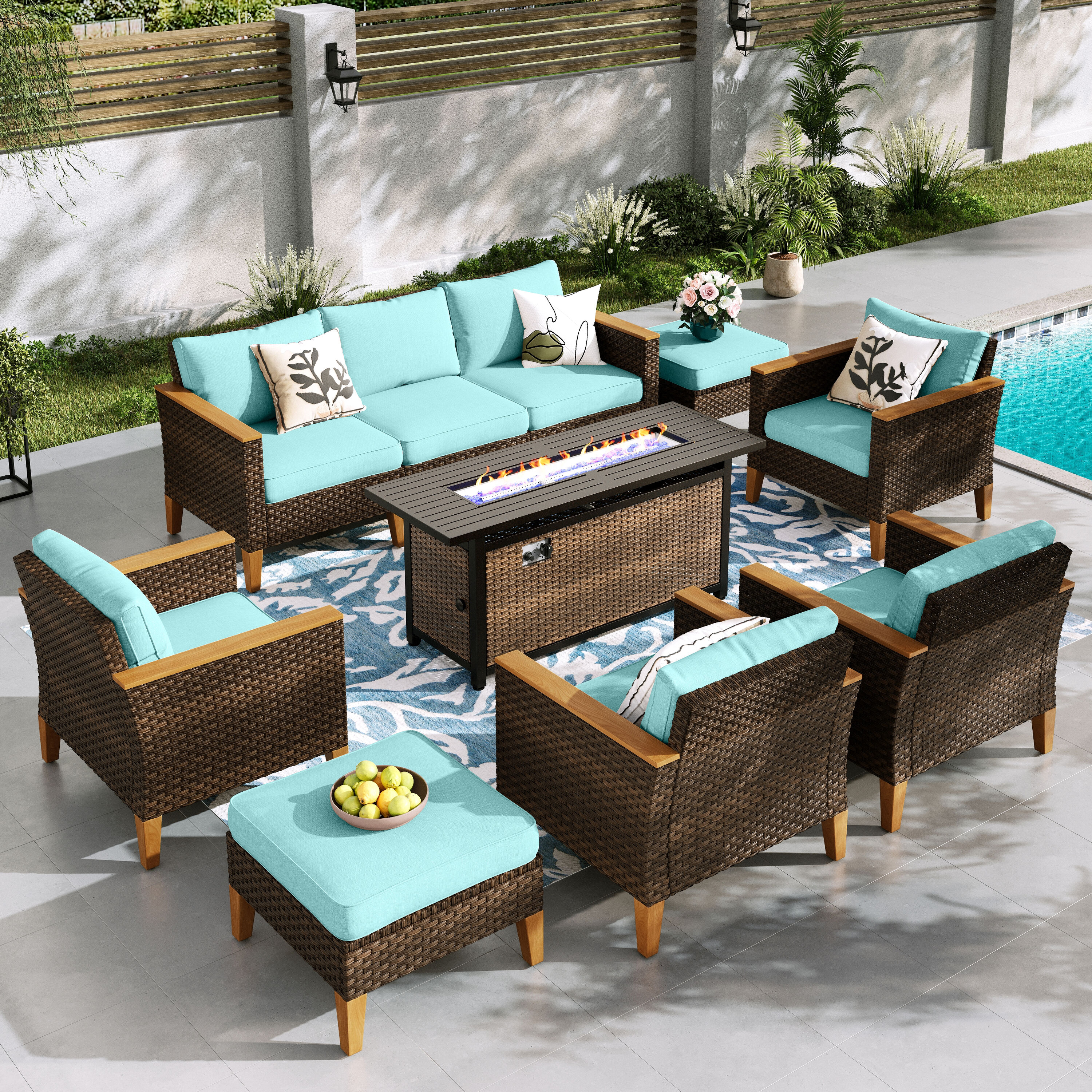 Sunshine Valley CR006-05-9-GS103-BU Patio Furniture Set with Fire Pit 6 -Piece Wicker Patio Sofa Conversation Set with Tan CUSHION PRO Cushions