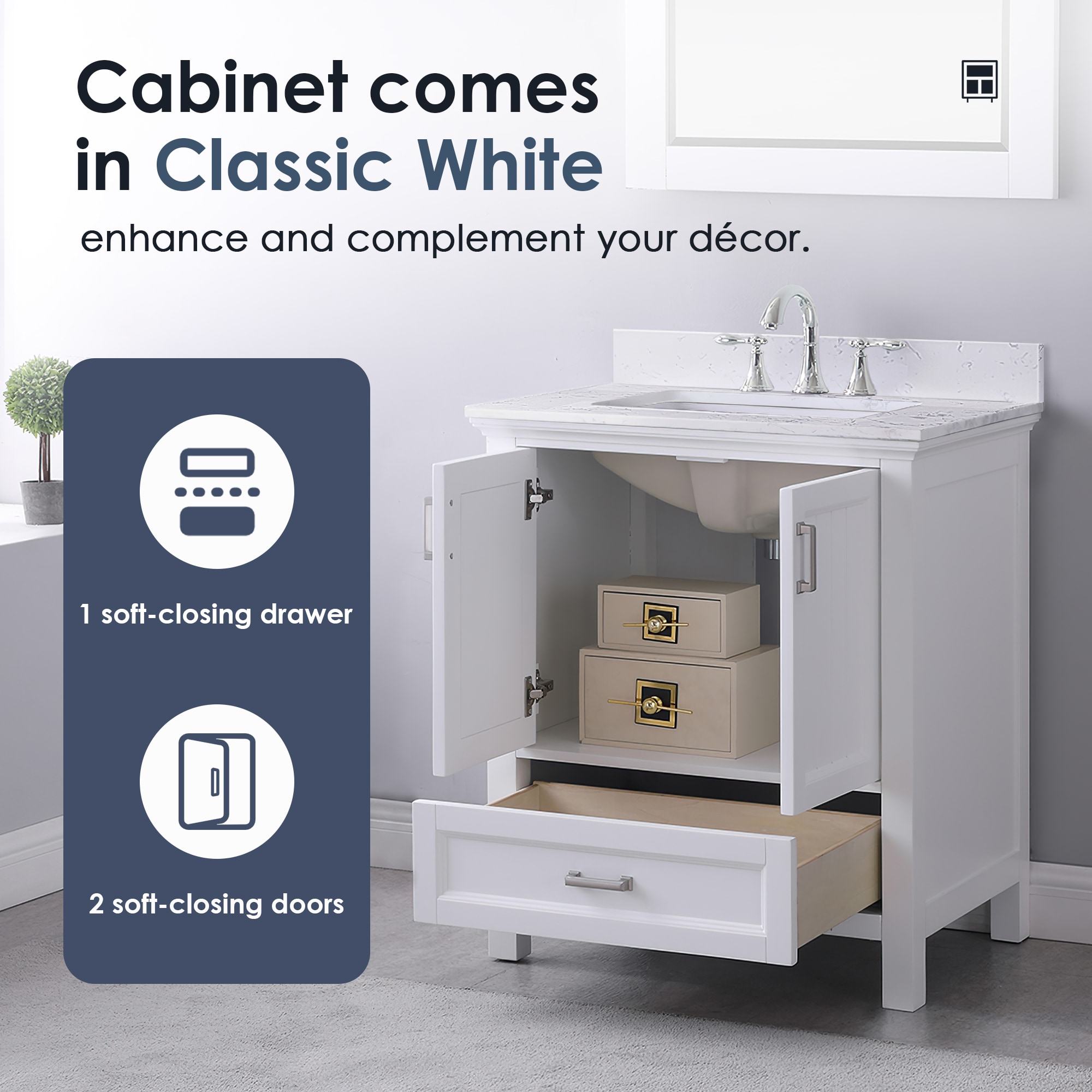 Isla 30" White Single Bathroom Vanity with Marble Countertop