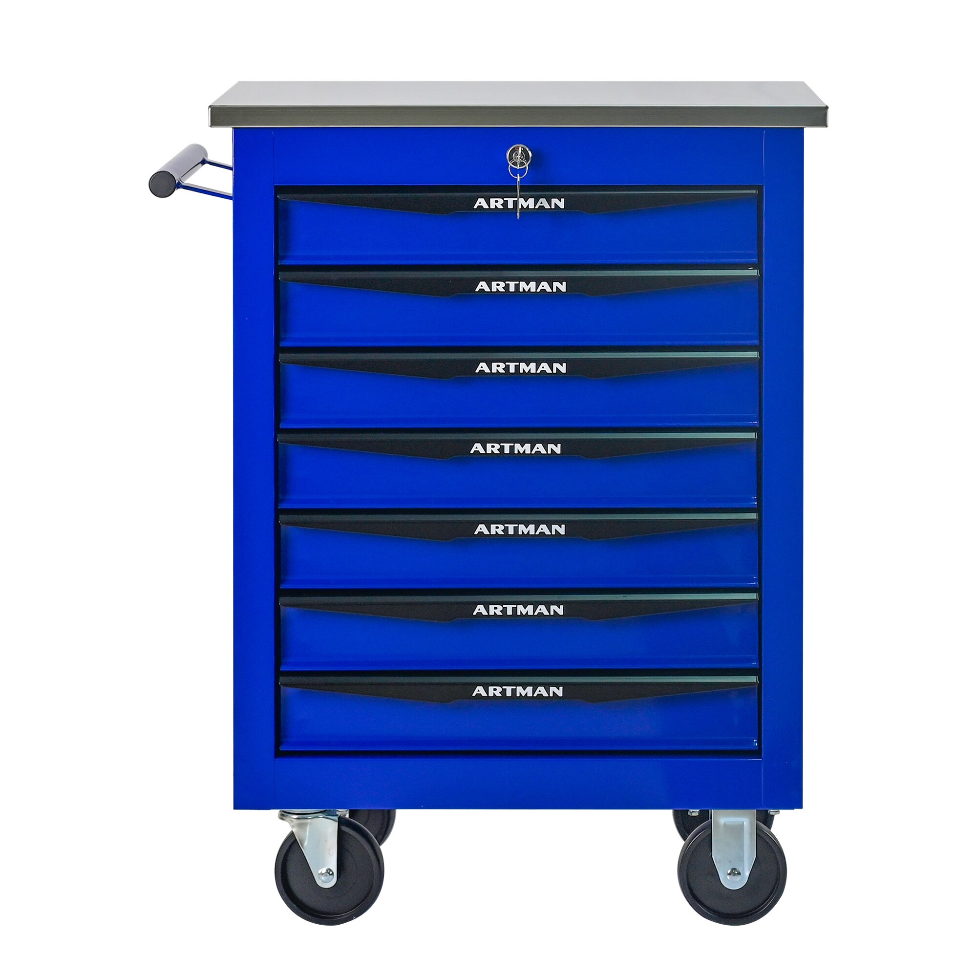 GDFStudio 344199 7 Drawers Multifunctional Tool Cart with Wheels Metal Rolling Tool Cart Storage for Garage Workshop Warehouse Repair Shop-With Stainless Steel Roof- BLACK and BLUE