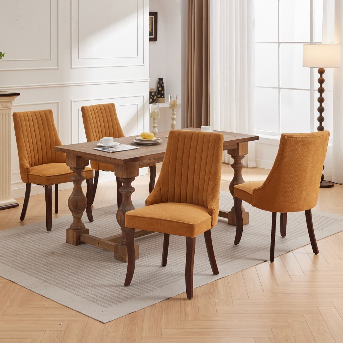 Maison Boucle Set of 4 Yellow Upholstered Dining Chairs with High Back and Curved Solid Wood Legs
