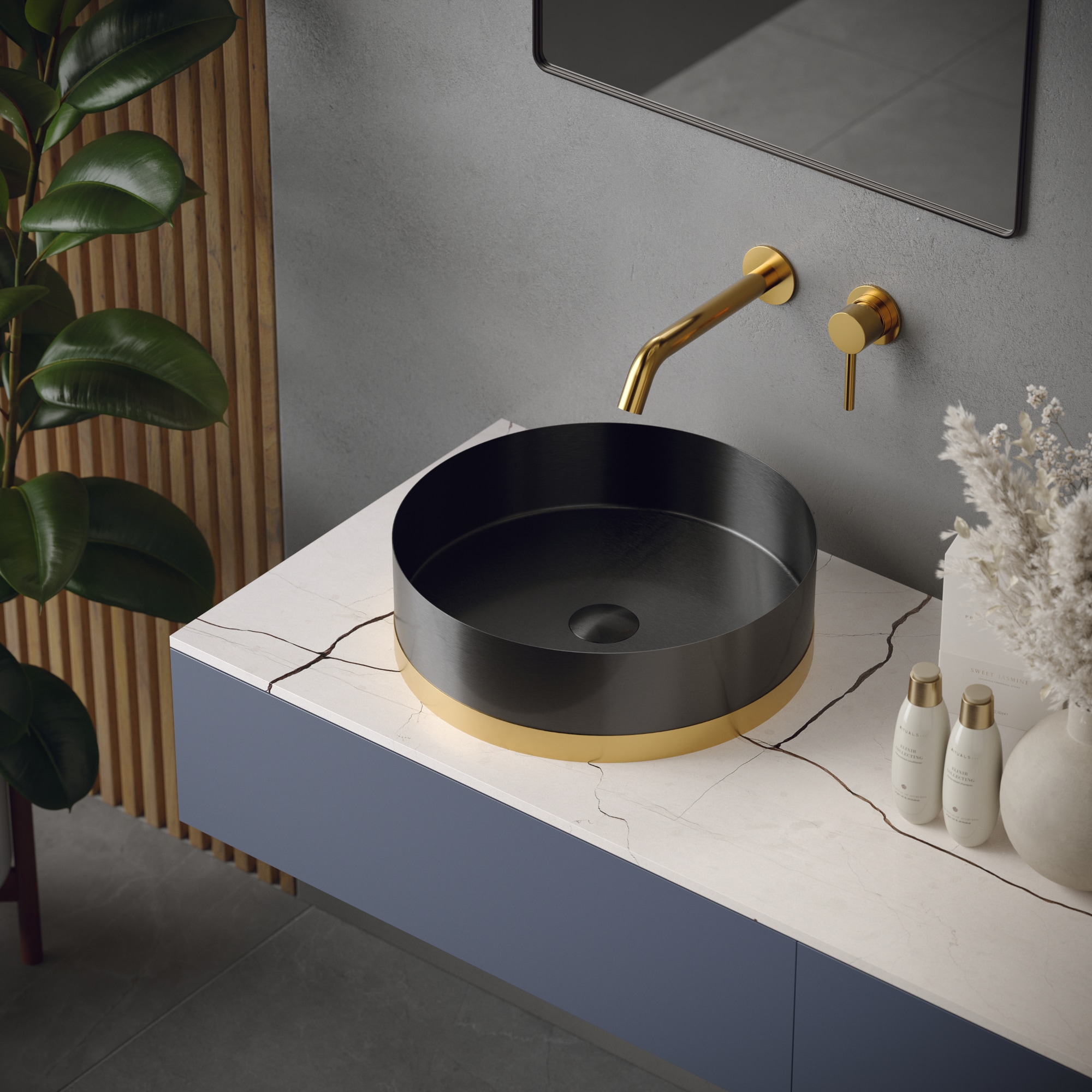 Karran CCV350G Stainless steel Vessel Round Traditional Gunmetal Grey / Gold Bathroom Sink with Drain Included ( 15.75-in x 15.75-in )