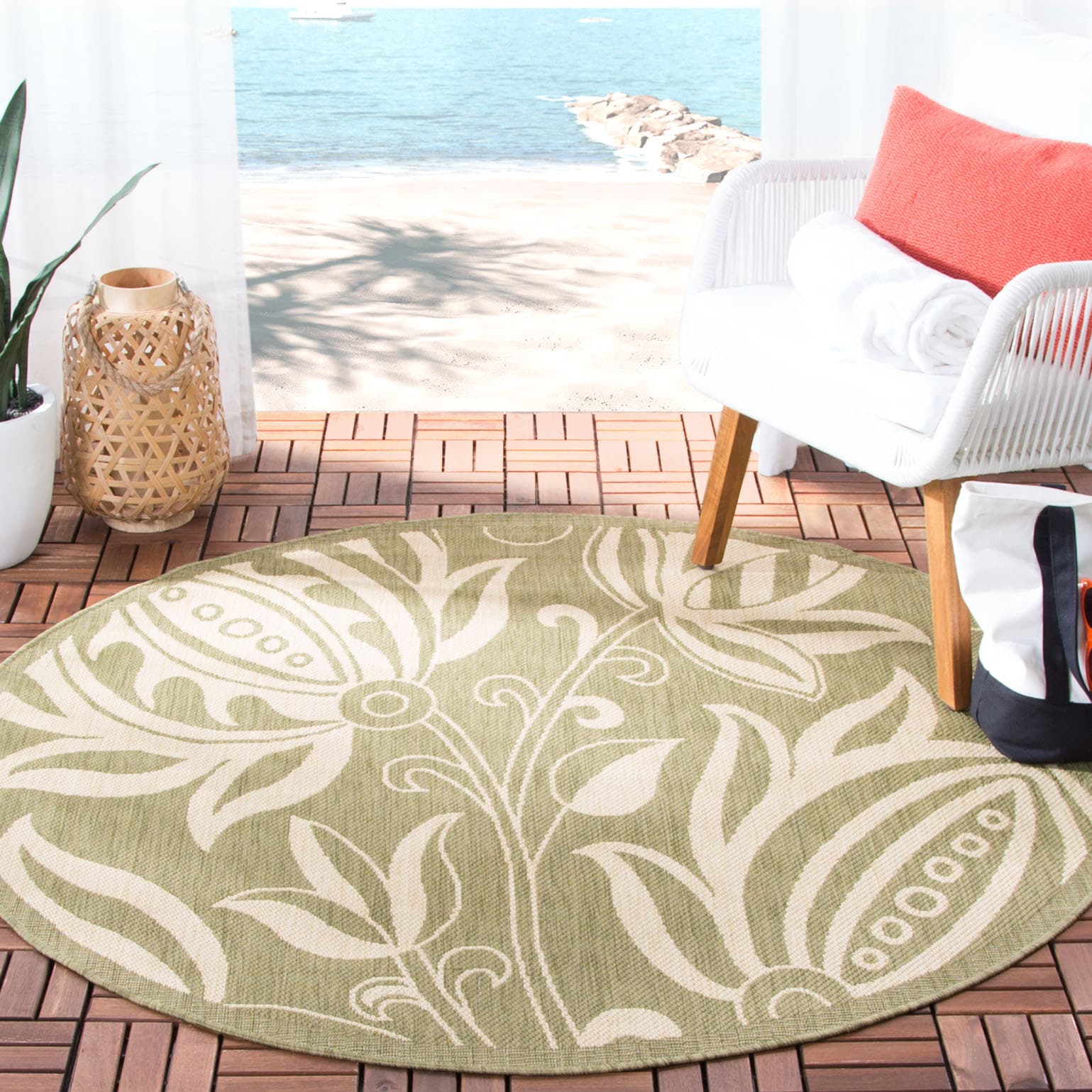 Safavieh CY2961-1E06-5R Courtyard Blossums 5 x 5 (ft) Loomed Polypropylene Olive/Natural Round Indoor/Outdoor Floral/Botanical Coastal Area rug