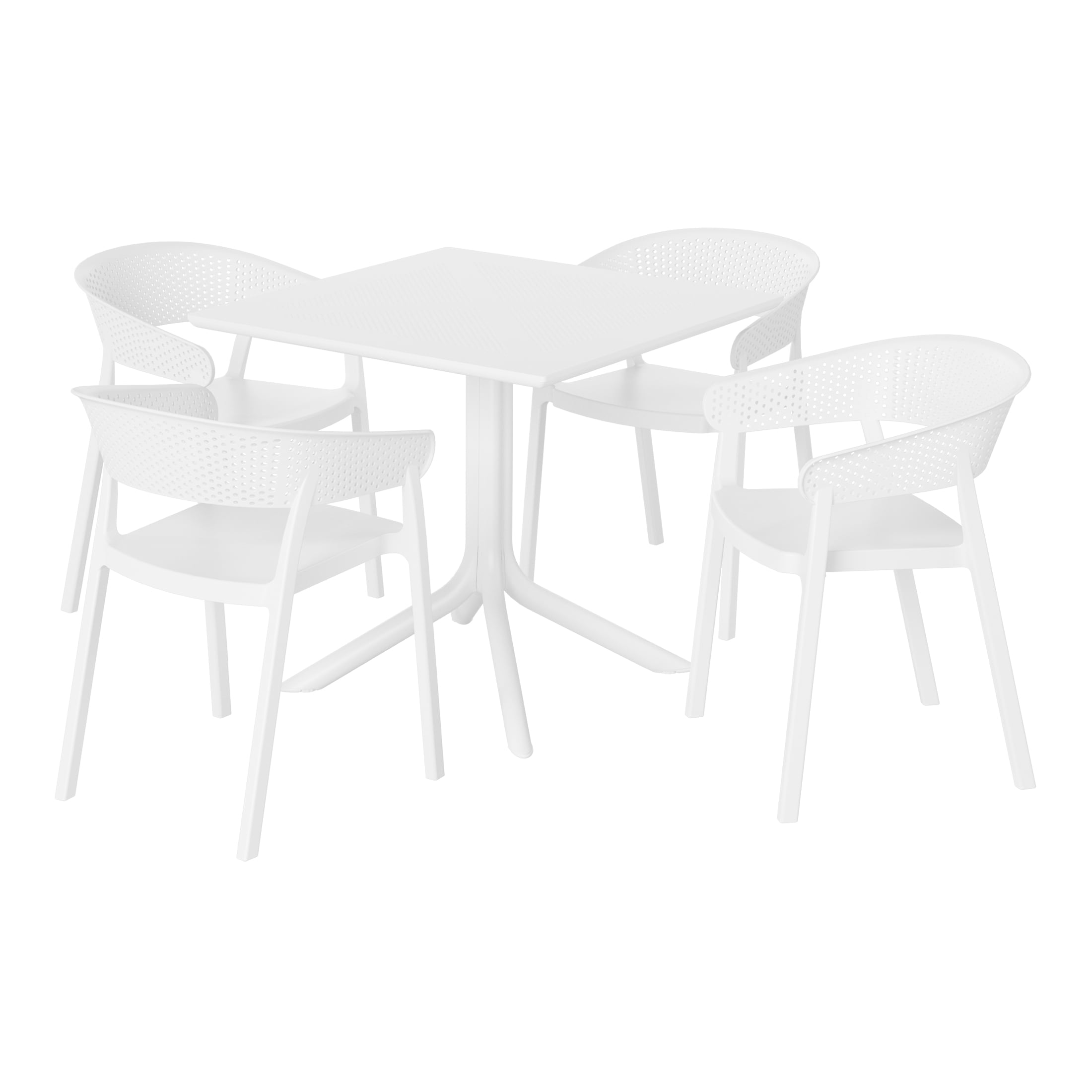 Westin Furniture OP3084-WH FrondForm 5 -Piece White Patio Dining Set Plastic Square Table with 4 Stackable Stationary Chairs