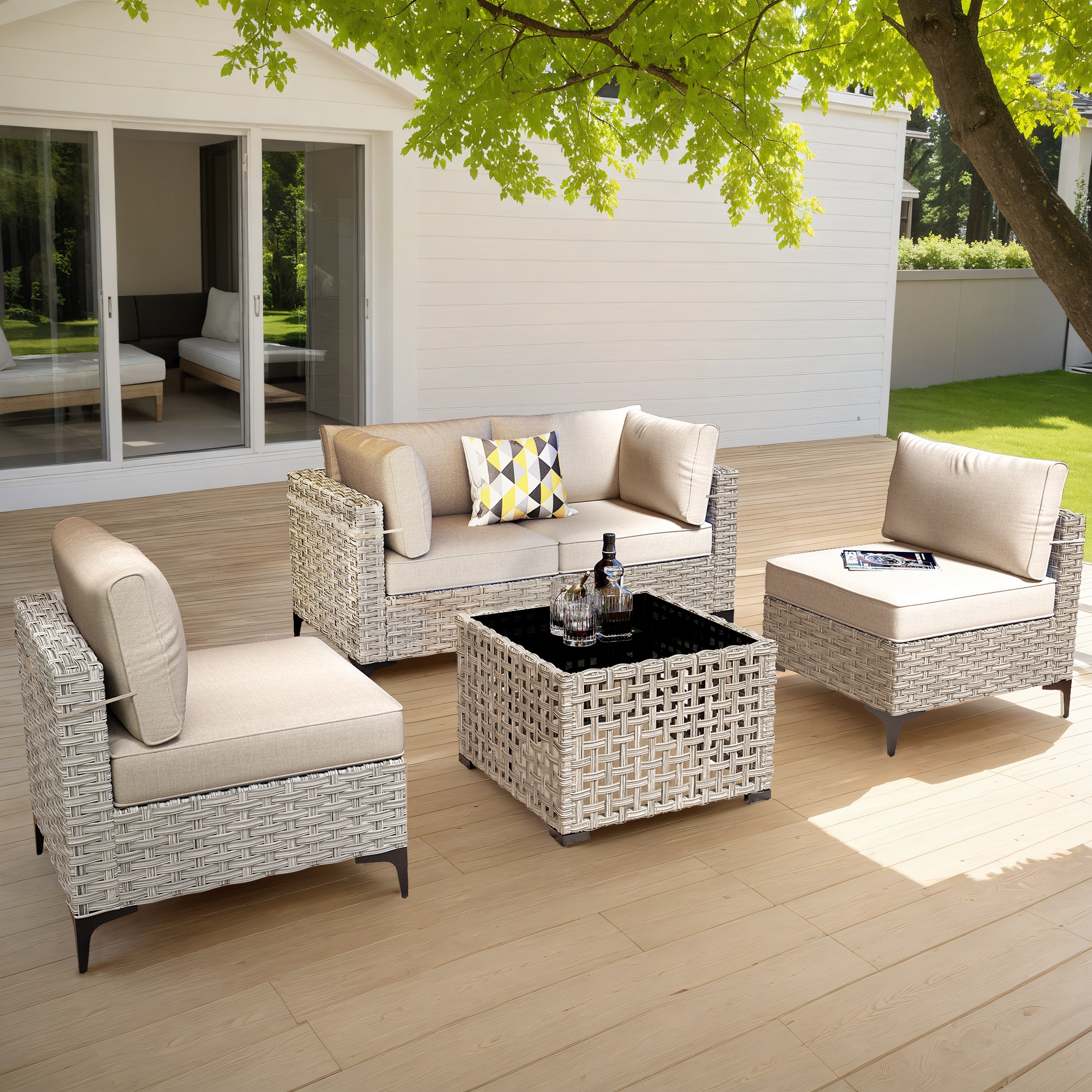 Pouuin SKT605 5 -Piece Wicker Patio Conversation Set with Off-white Cushions