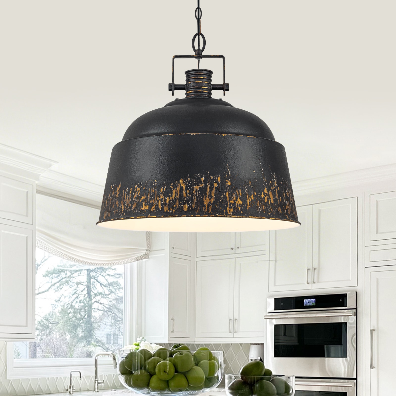 MENCOLULU 21.26 inch Handcrafted Black and Distressed Gold Metal Rolled-Edge Dome Pendant Lighting 1 -Light Matte Black Farmhouse Metal Dome Large Hanging Convertible pendant/Semi-flush Light