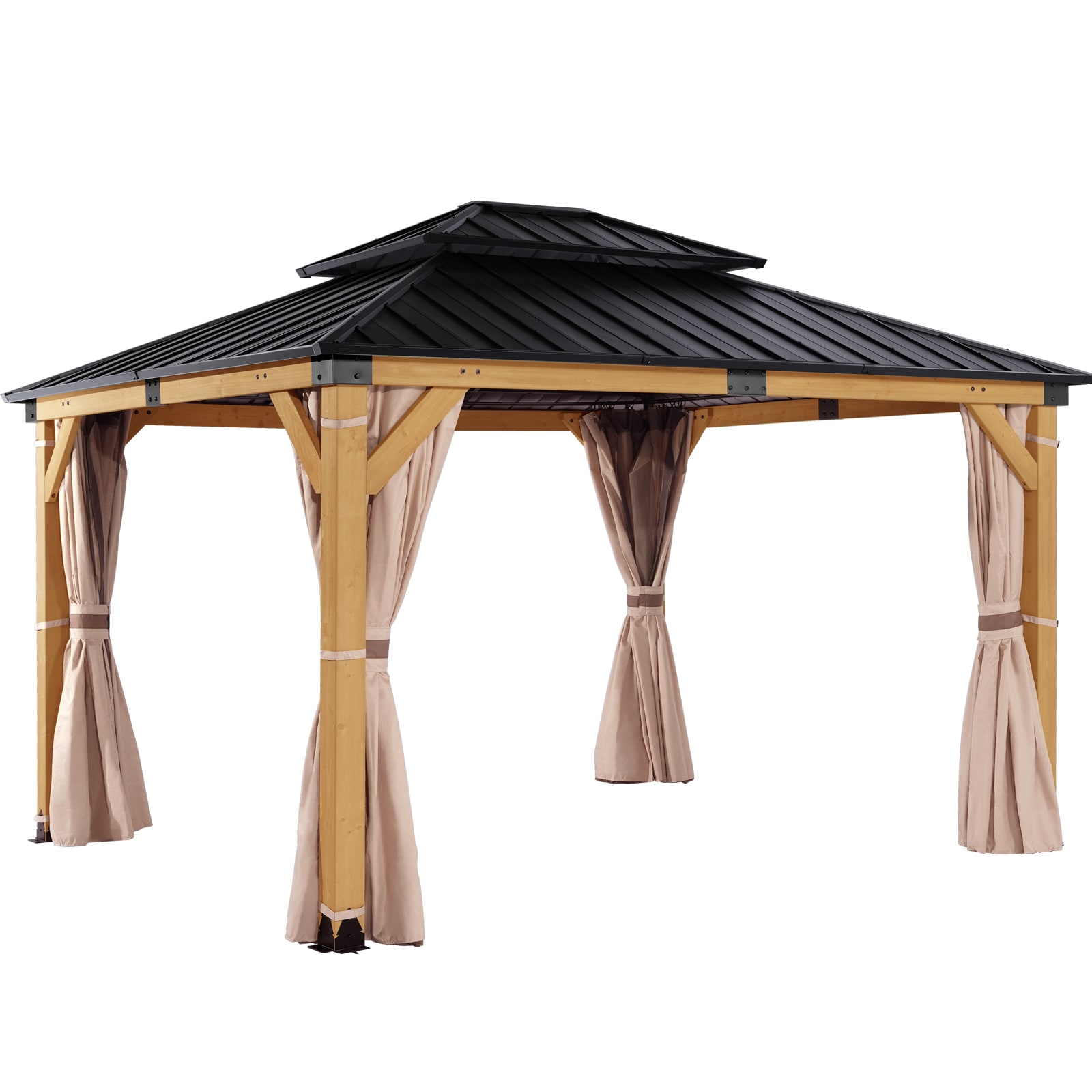 StarEcho TYXY1012 11.9-ft x 10.1-ft 10-ft x 12-ft wood gazebo w screen / curtain BLK/YELLOW Gazebo with Hardtop Roof (Screen Included)