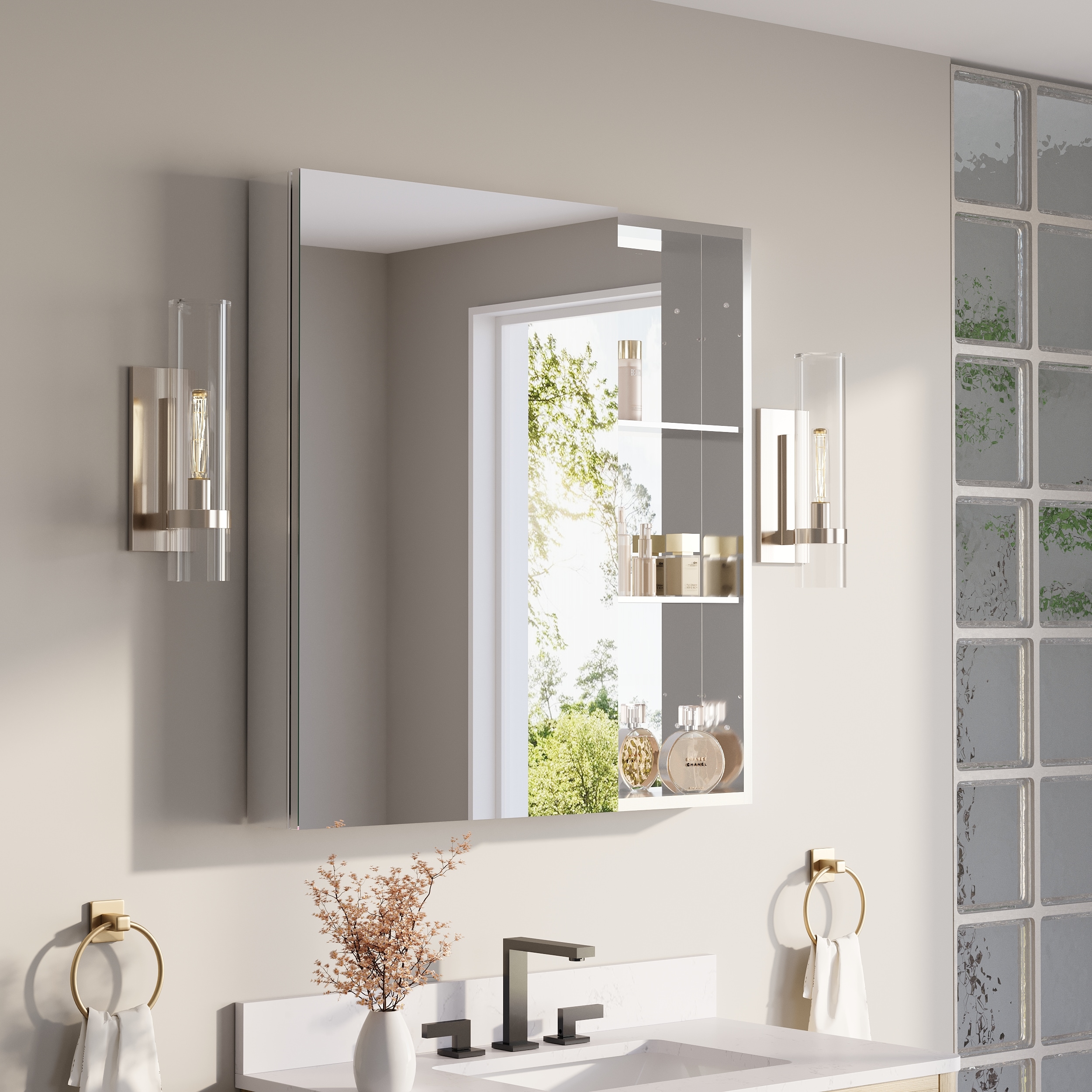 Iseryn Medicine Cabinets 36-in x 36-in Surface/Recessed Mount Chrome Aluminum Mirrored Square Soft Close Medicine Cabinet