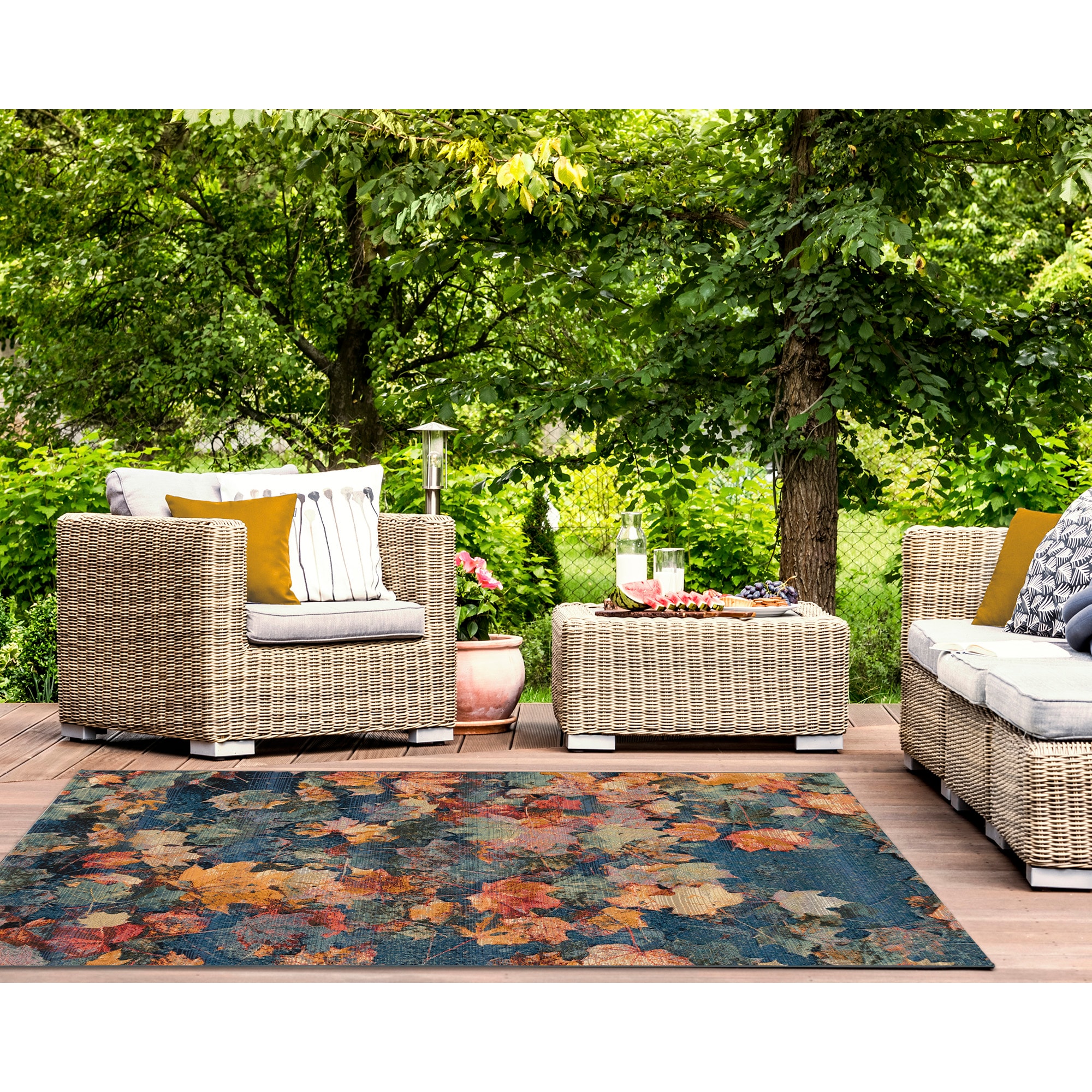 Fall Leaves Multi-Color Synthetic Rectangular Indoor/Outdoor Rug